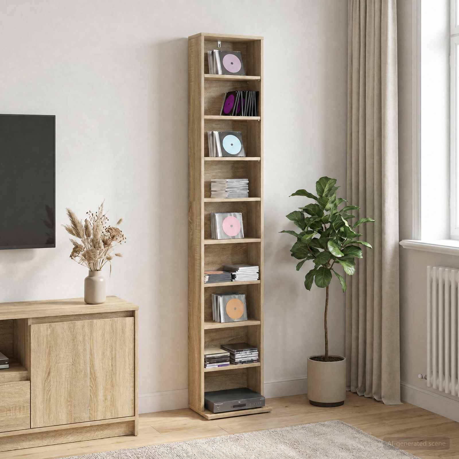 Moderne Wohnzimmerecke mit einem hohen, schmalen hölzernen CD-Regal, Topfpflanze, TV-Schrank und Fenster mit Vorhängen und Heizkörper.