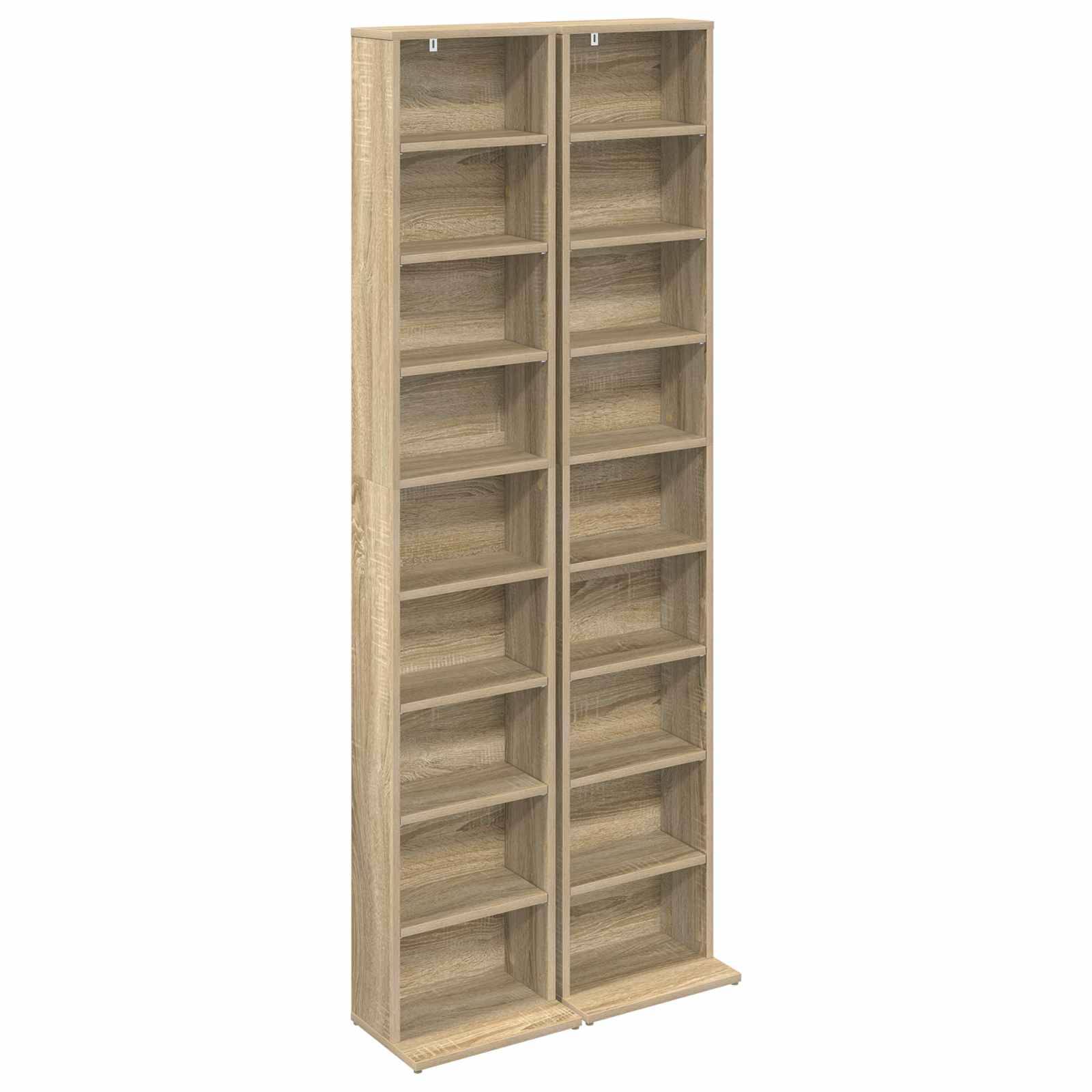 Hoher Holzschrank zum Verstauen mit zwei vertikalen Reihen offener Regale, gezeigt vor weißem Hintergrund.
