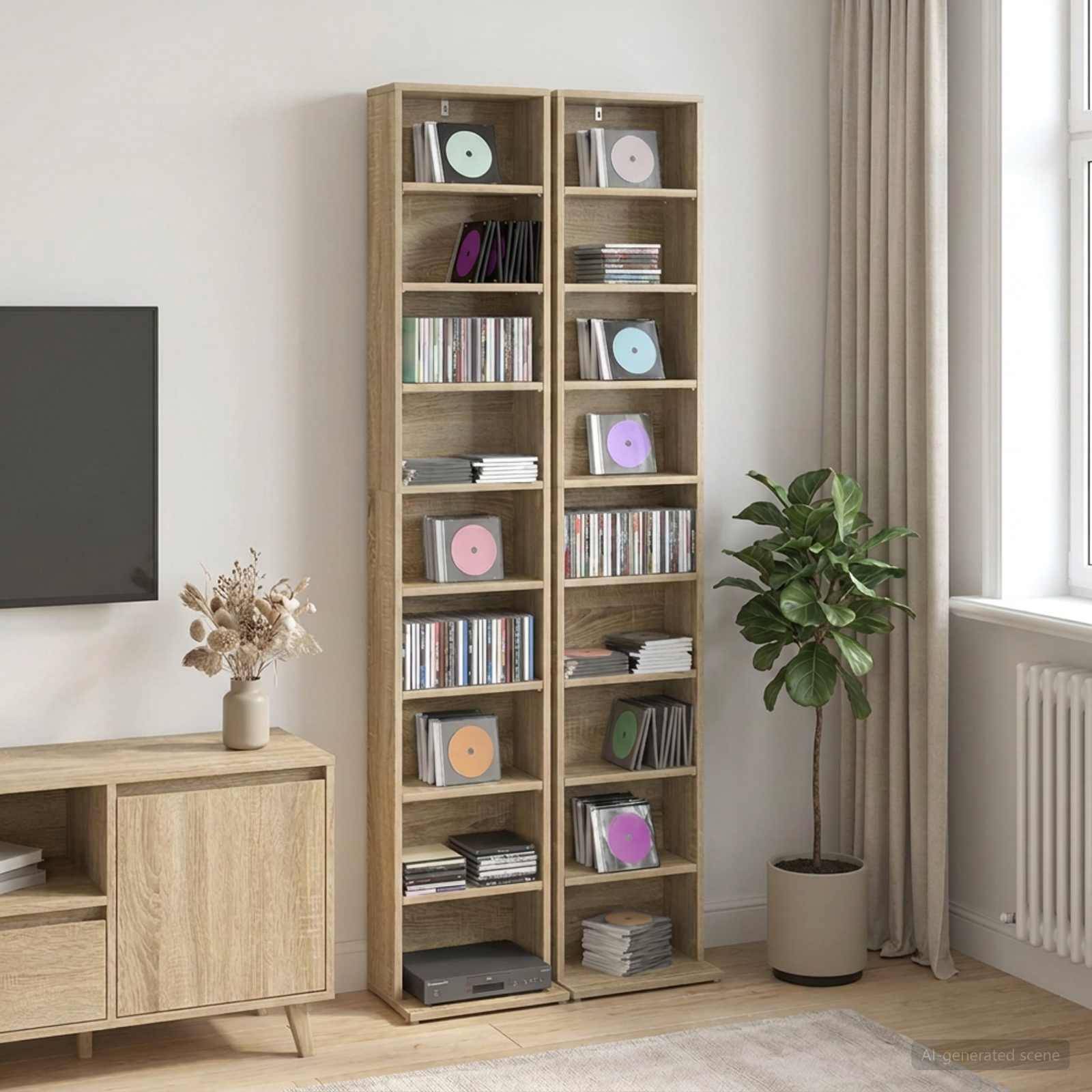 Zwei hohe Holzregale, gefüllt mit CDs/DVDs und Büchern, stehen neben einem Fernsehschrank, einer Topfpflanze und einem hellen Fenster mit Vorhängen.