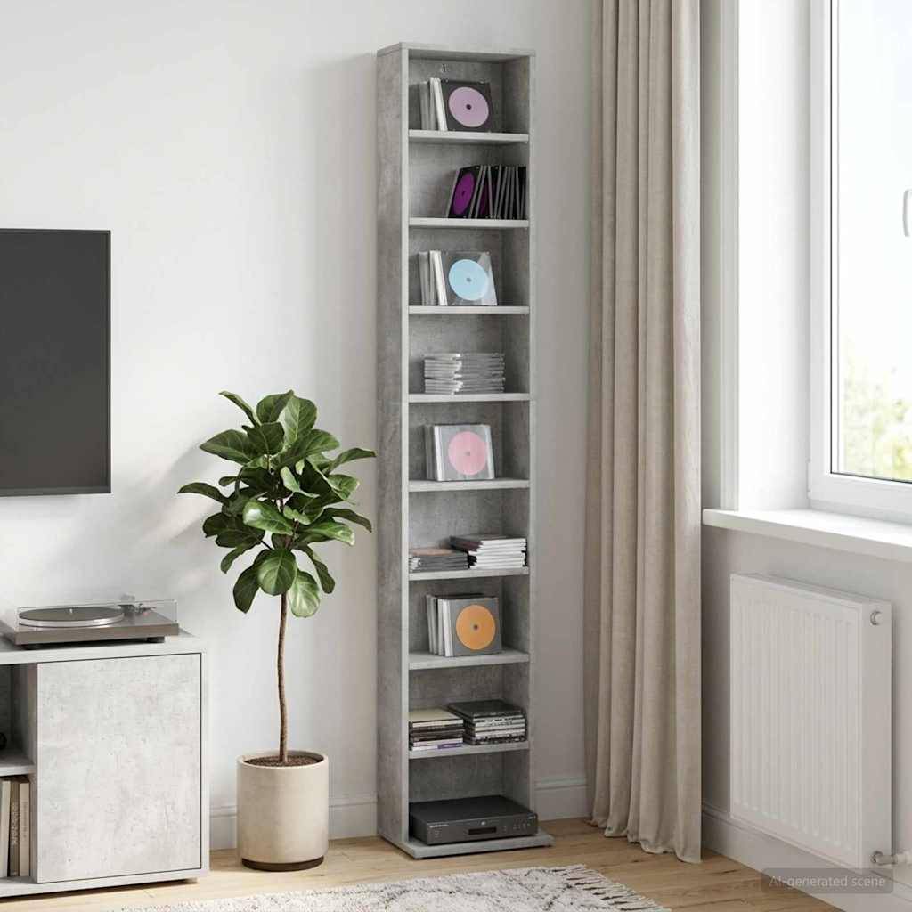 Modernes Wohnzimmer mit einem hohen, schmalen Regal mit CDs, einer Topfpflanze, Fernseher, Fenster und Heizkörper.
