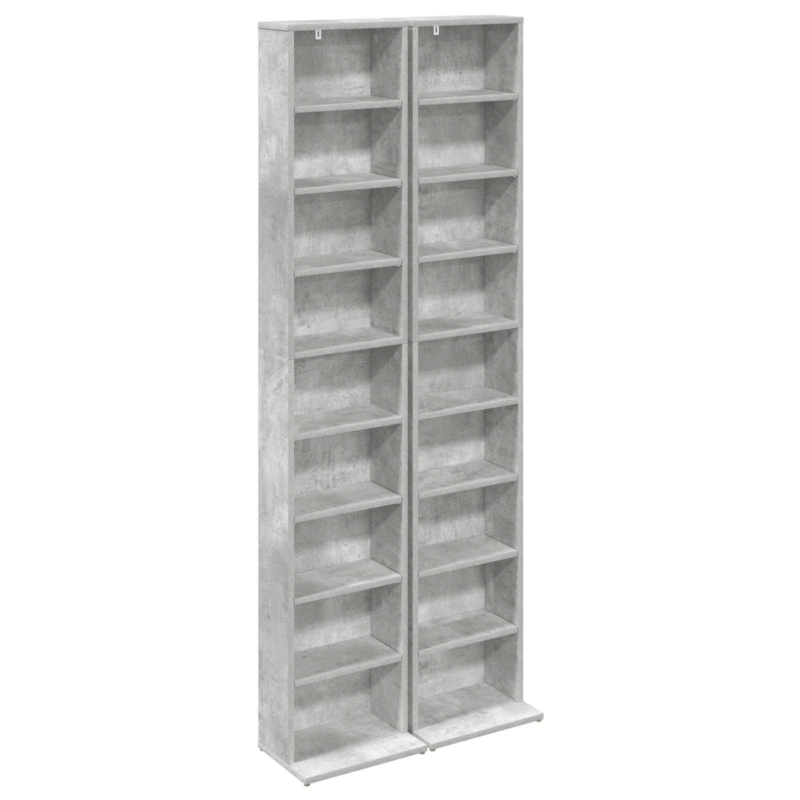 Hohes graues zweispaltiges Bücherregal mit mehreren leeren Regalen, auf weißem Hintergrund dargestellt.