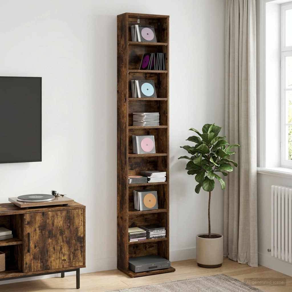 Hohes rustikales Holzmedienregal mit Schallplatten und Alben in einem hellen Wohnzimmer neben einer Topfpflanze und einem Fernsehständer.