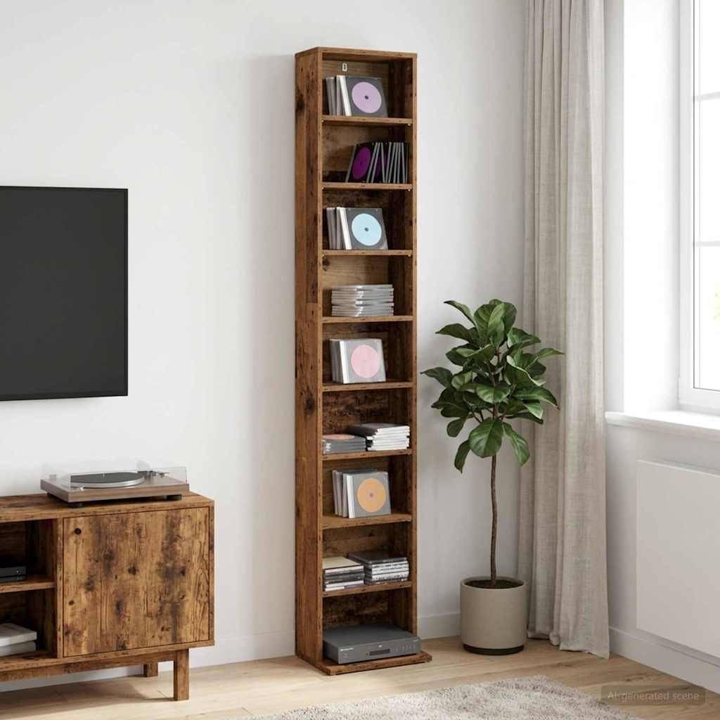 Ein hohes Holz-CD-/DVD-Regal steht neben einer Topfpflanze in einem hellen Wohnzimmer, mit einem Fernseher und einem Medienschrank auf der linken Seite.