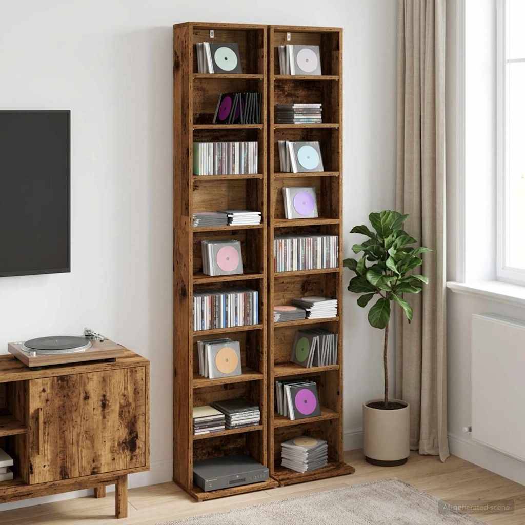 Hohes hölzernes CD-Lagerregal gefüllt mit Discs neben einem kleinen Topfbaum in einem hellen Wohnzimmer.