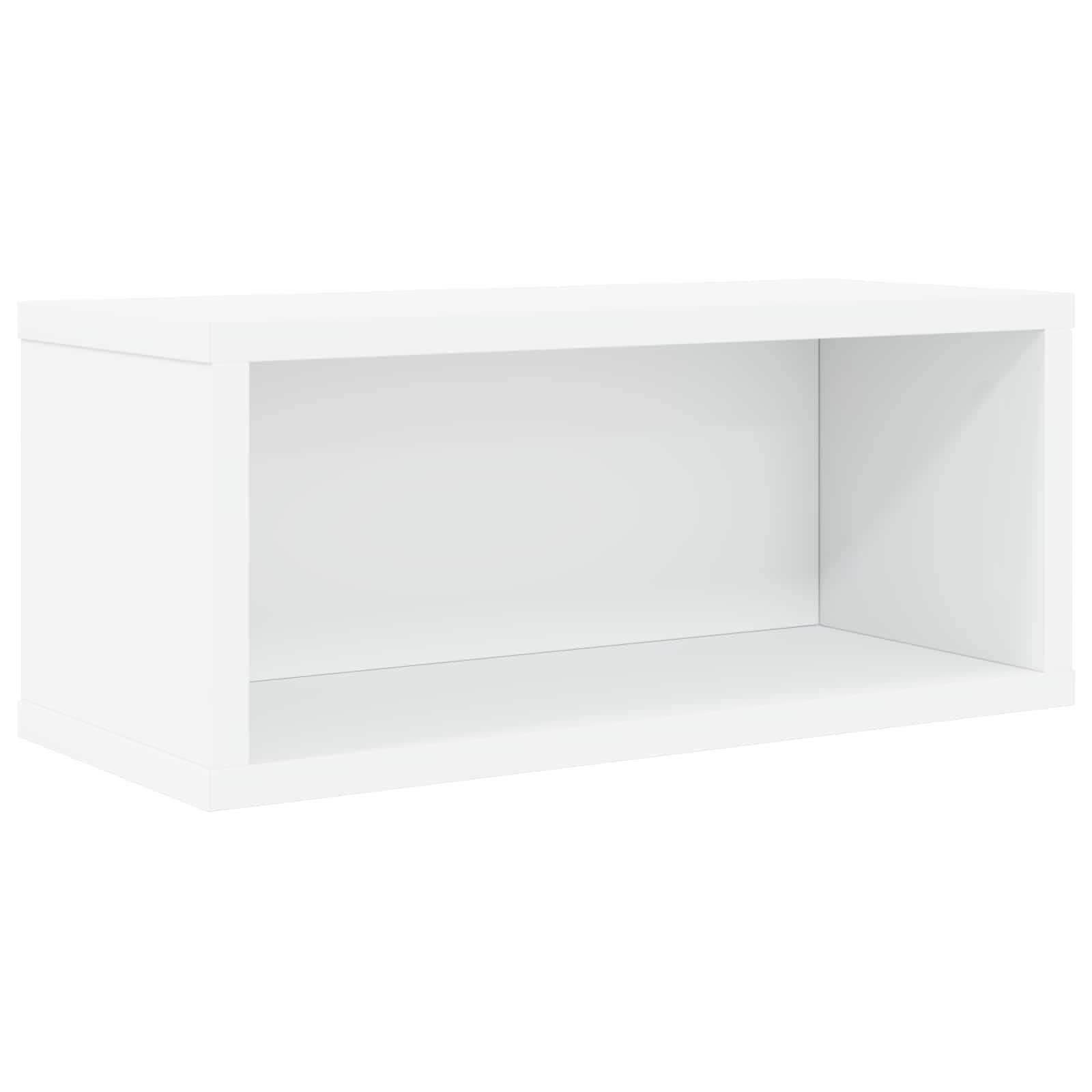 Leeres weißes offenes rechteckiges Regal oder Aufbewahrungsbox mit Vorderseite auf weißem Hintergrund.