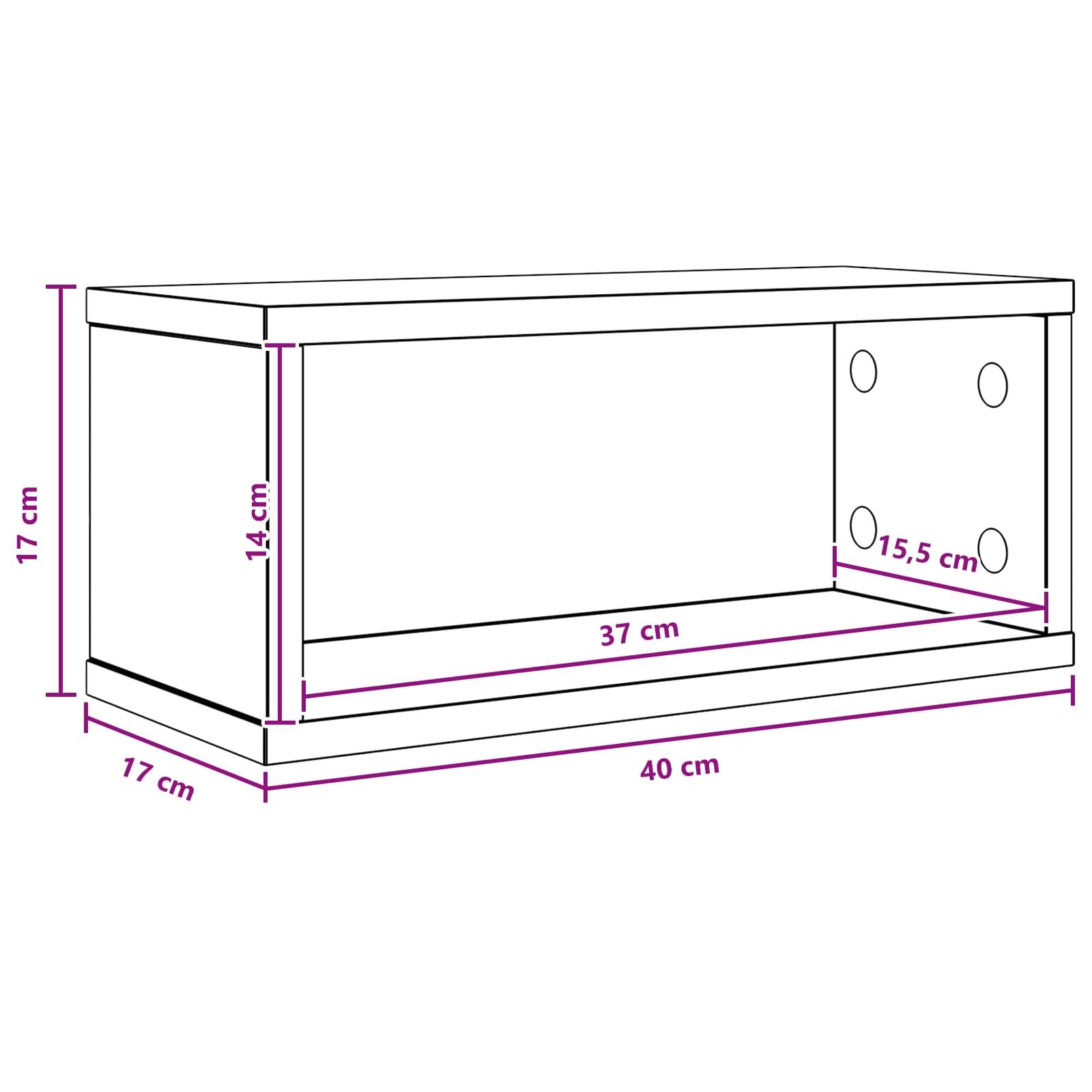Maßstabzeichnung einer rechteckigen offenen Vorderfront-Box oder eines Regals: 40 cm lang, 17 cm breit, 17 cm hoch, mit 14 cm Innenhöhe, 37 cm Innenlänge und 15,5 cm Tiefe auf der rechten Seite.