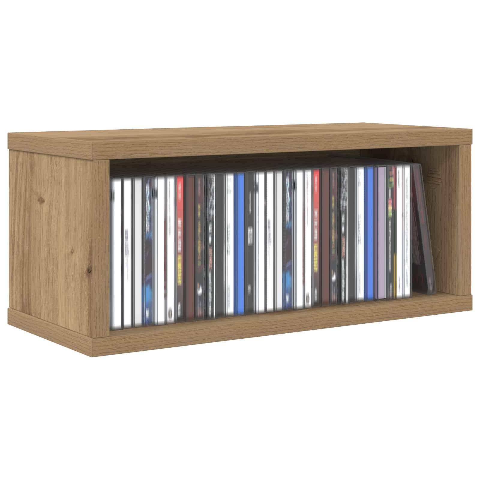 Holzbox zur horizontalen CD-Lagerung gefüllt mit mehreren Compact Discs, die aufrecht darin gelagert sind