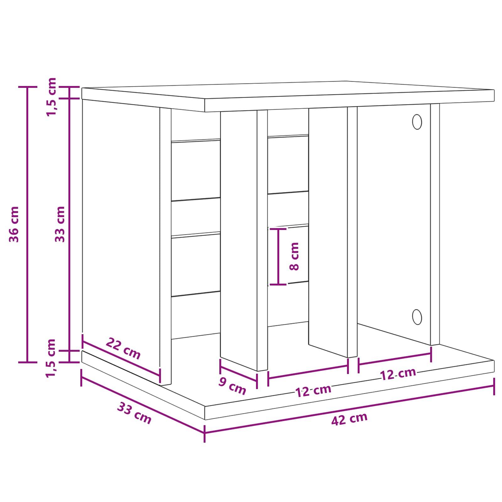 Bemaßte Zeichnung eines kleinen offenen Regals/Tisches: 42 cm breit, 33 cm tief, 36 cm hoch, mit internen Abschnitten mit den Bezeichnungen 9 cm, 12 cm und 12 cm.