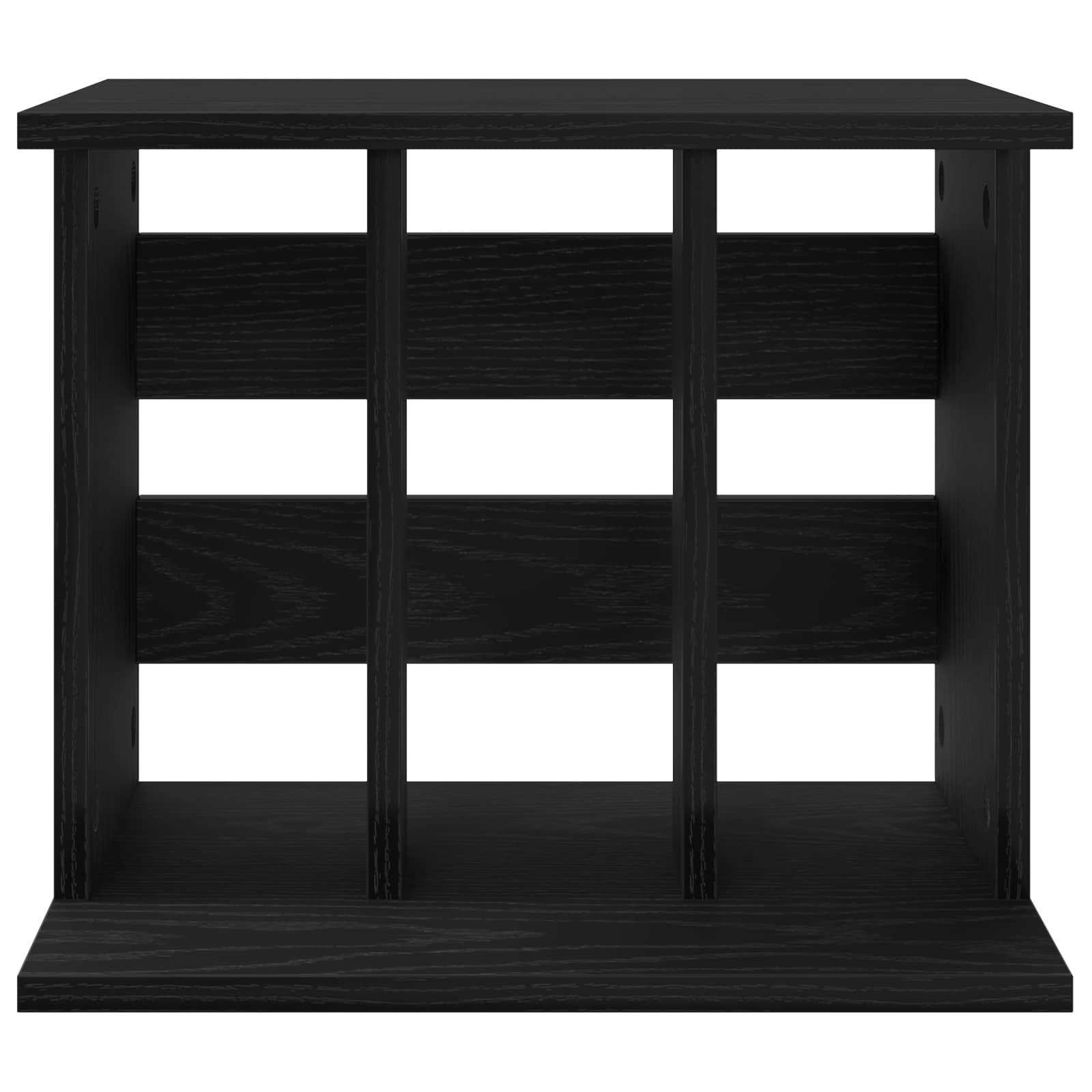 Schwarzes Holz-Würfelregal mit neun offenen Fächern und flacher Ober- und Unterseite.
