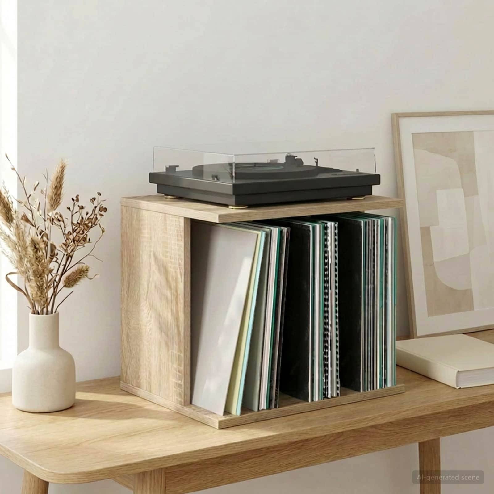 Hölzernes Schallplattenregal mit einem Plattenspieler oben, Vinyl-Alben darunter gelagert, neben einer Vase mit Trockenblumen und gerahmter Kunst auf einem Schreibtisch.