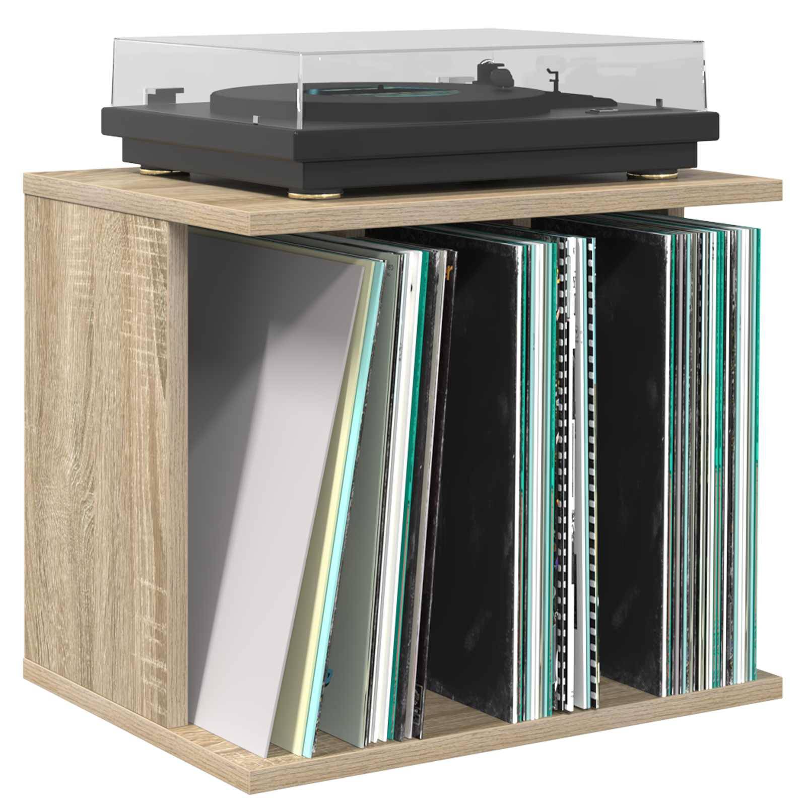 Holzschrank zur Schallplattenaufbewahrung mit Plattenspieler oben und aufrecht gelagerten Vinyl-Alben im Inneren.