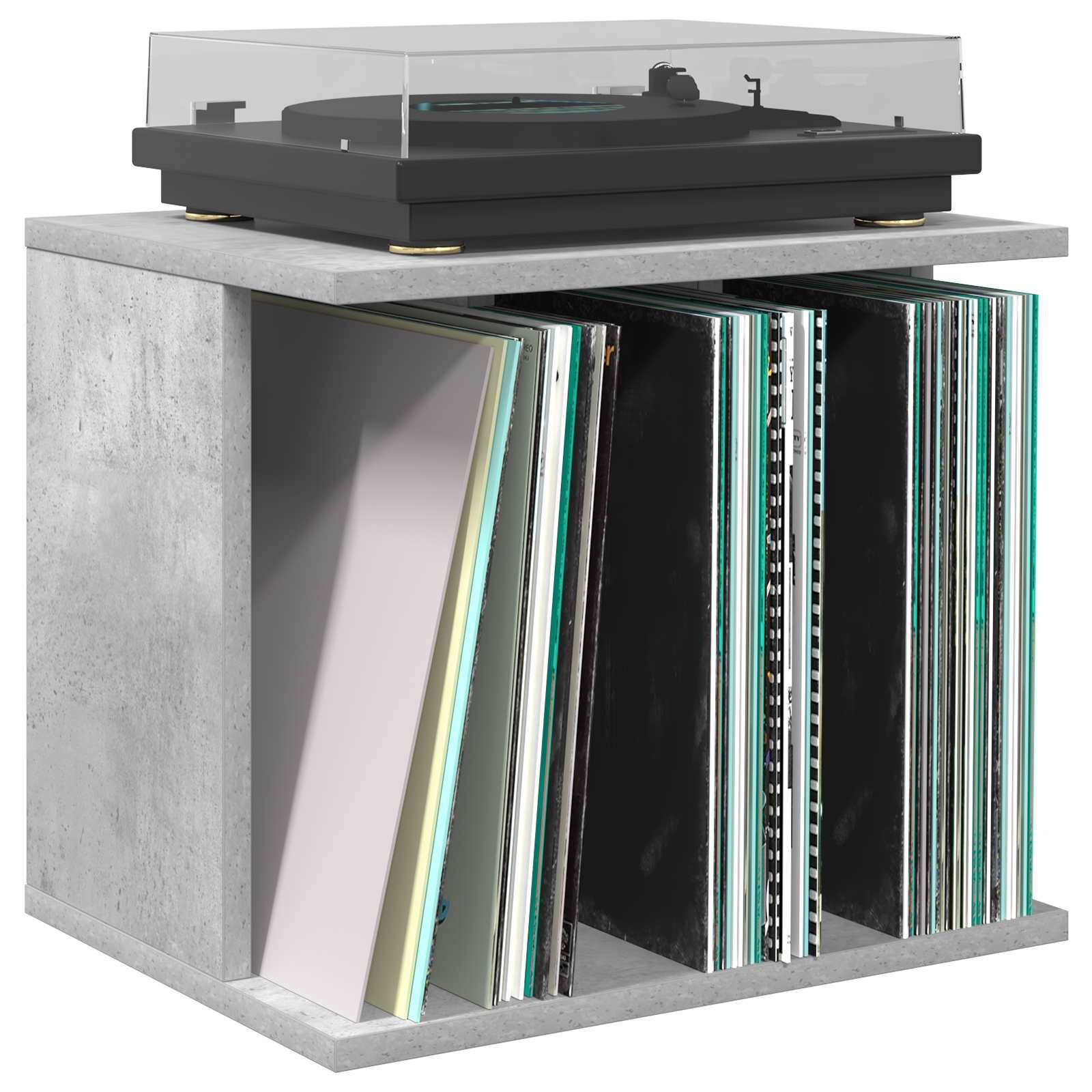 Ein Plattenspieler sitzt auf einem betongestalteten Plattenlagerschrank, der mit vertikal gestapelten Vinyl-Schallplatten gefüllt ist.