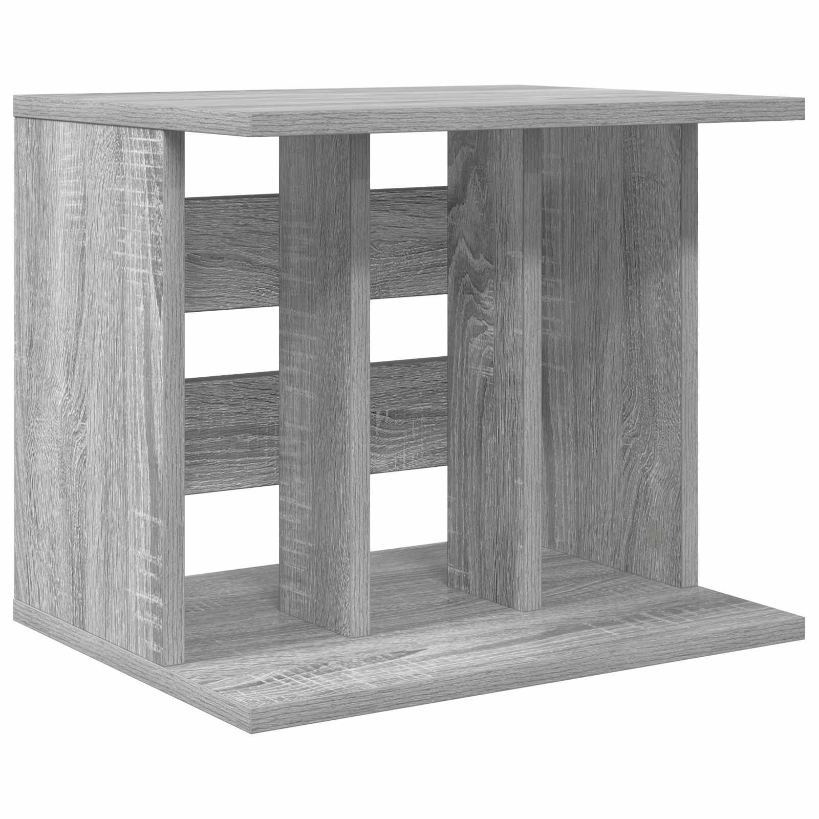 Würfelförmiges offenes Regalmodul aus Holz mit grauer Oberfläche und flachen Boden- und Oberböden.