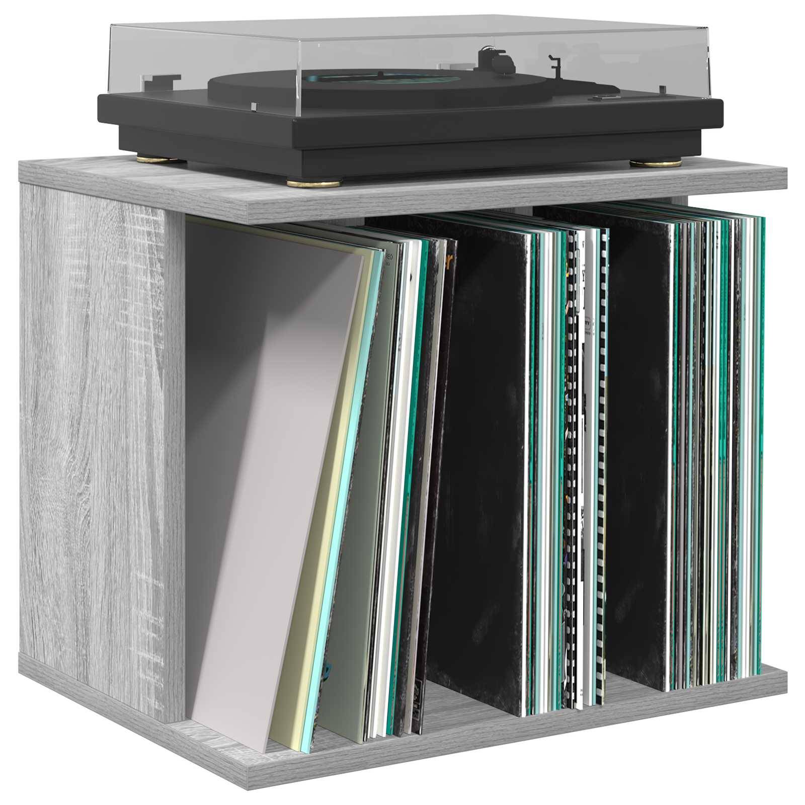 Plattenspieler auf einem kleinen Holzschrank mit vertikal gelagerten Schallplatten in offenen Fächern.