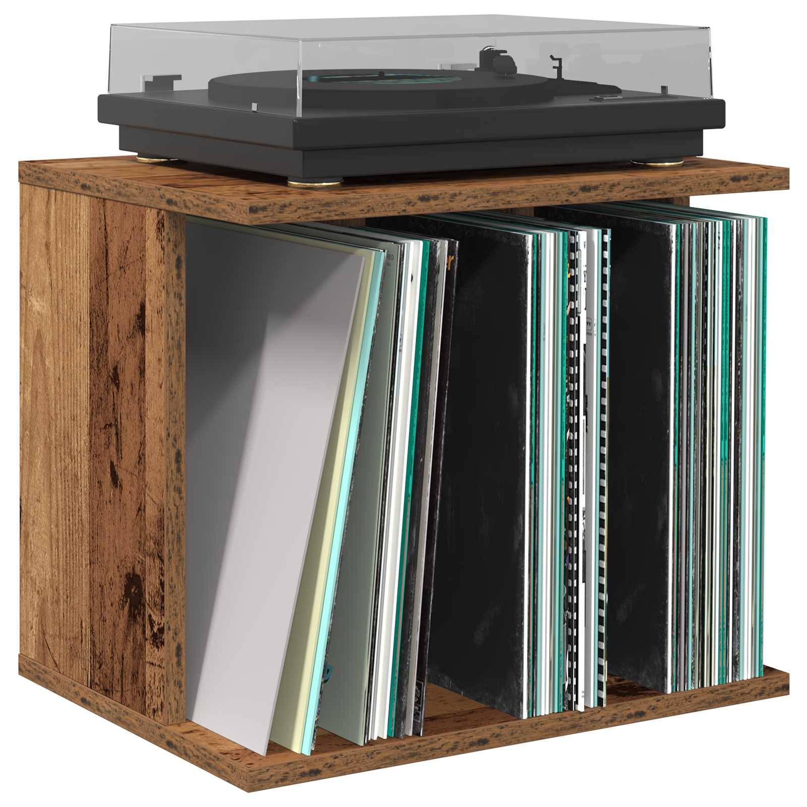Plattenspieler auf einem Holzwürfelregal, das Schallplatten hält und einen Plattenspieler mit Speicher für Alben kombiniert.