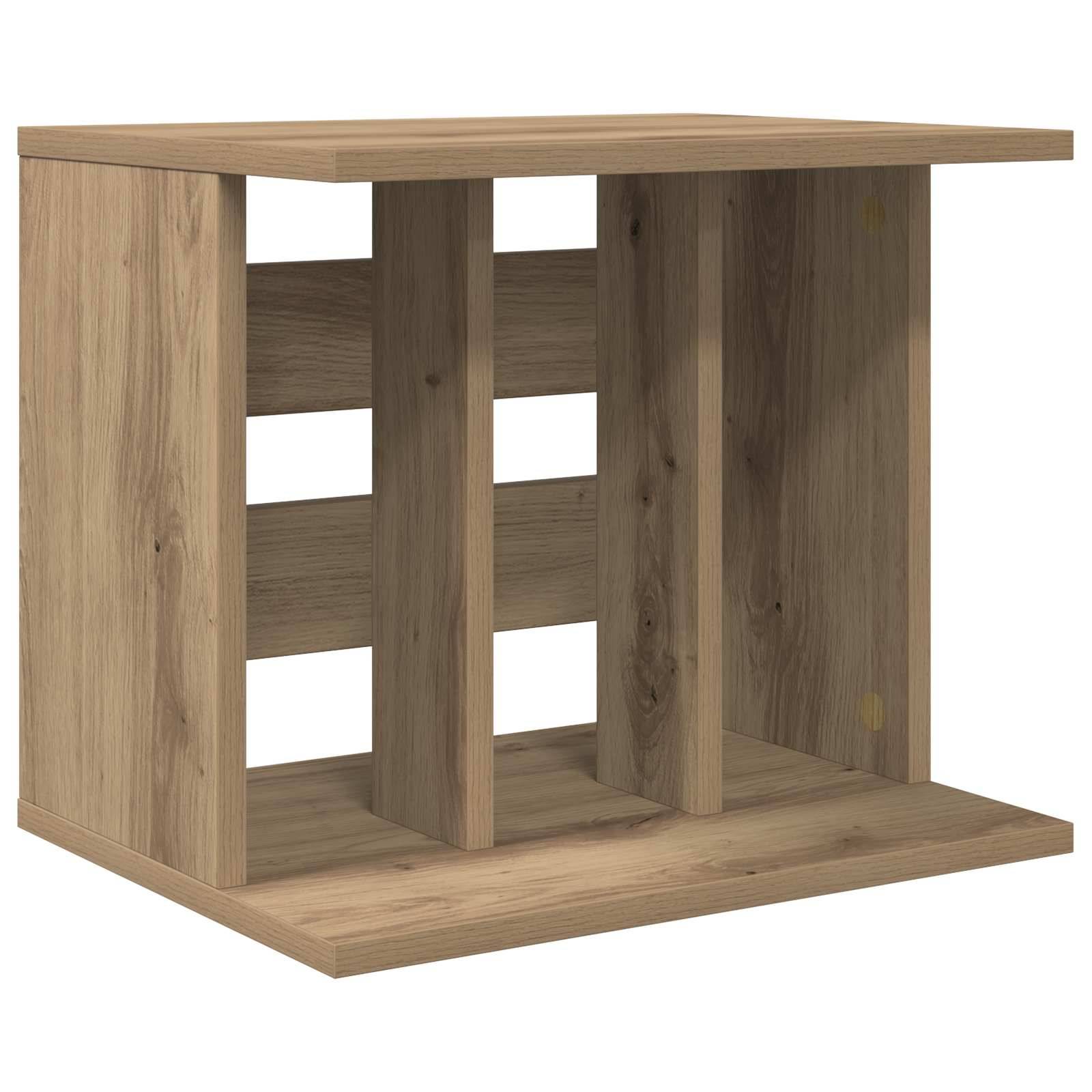 Würfelförmiges Holzregal oder Beistelltisch mit offenen mittleren Fächern und oberen und unteren Paneelen.
