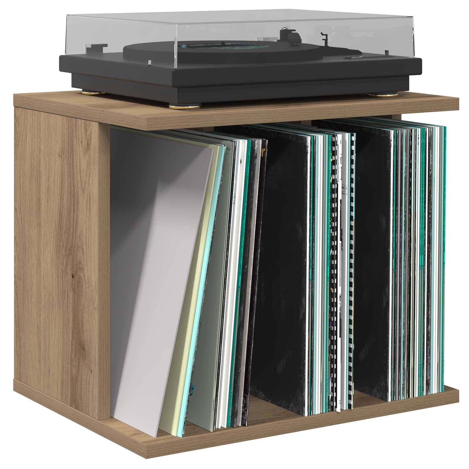 Holzwürfel zur Schallplattenaufbewahrung mit Schallplatten und einem Plattenspieler oben drauf.