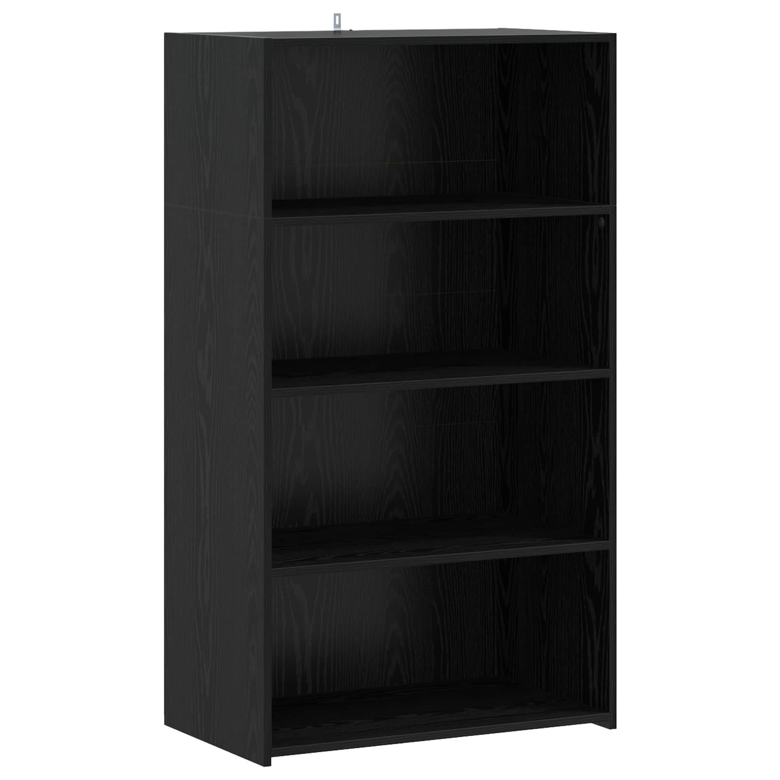 Schwarzes offenes Bücherregal mit vier Regalen, isoliert auf weißem Hintergrund dargestellt.