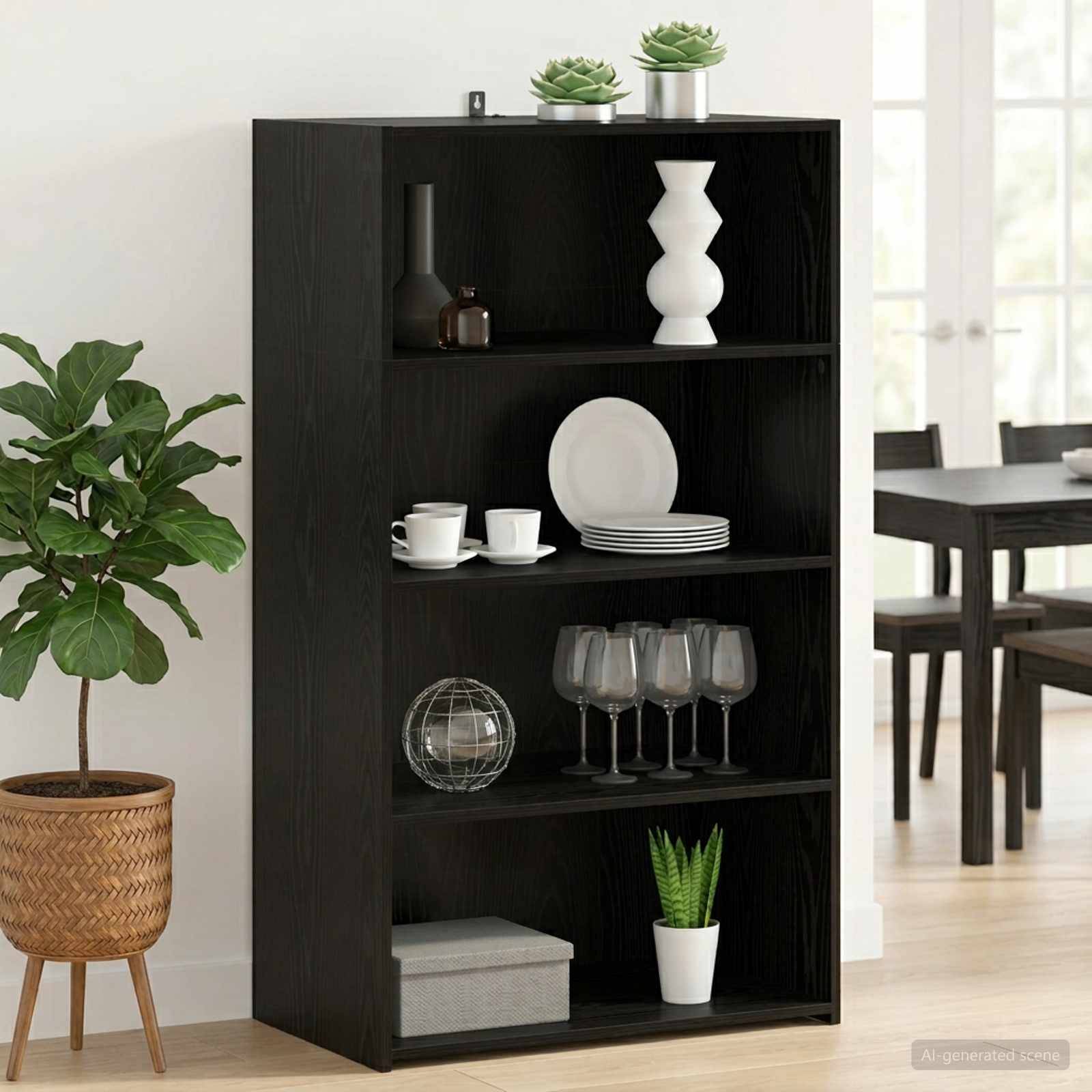 Schwarzes offenes Bücherregal in einem hellen Esszimmer, das Dekoration und Tischgeschirr enthält: Vase, Teller, Tassen, Gläser, Pflanze und Aufbewahrungsboxen.