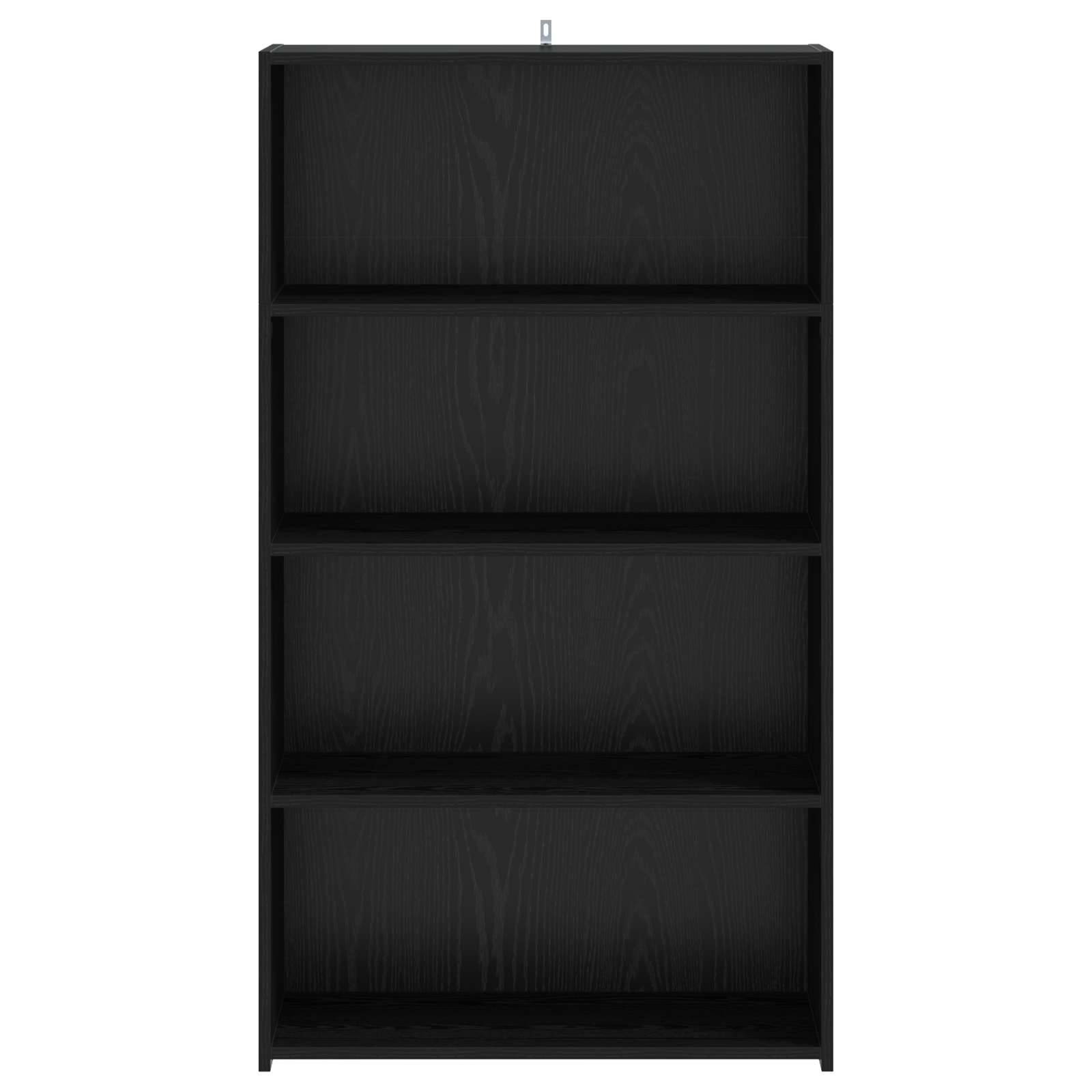 Schwarze wandmontierte Regaleeinheit mit vier offenen Regalen auf neutralem Hintergrund.