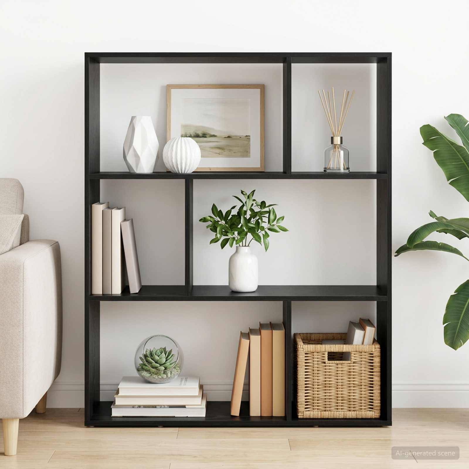 Schwarzes Regal, das mit Büchern, Wandbildern im Rahmen, Vasen, einer Pflanze und einem Weidenkorb in einem hellen Wohnzimmer gestylt ist.