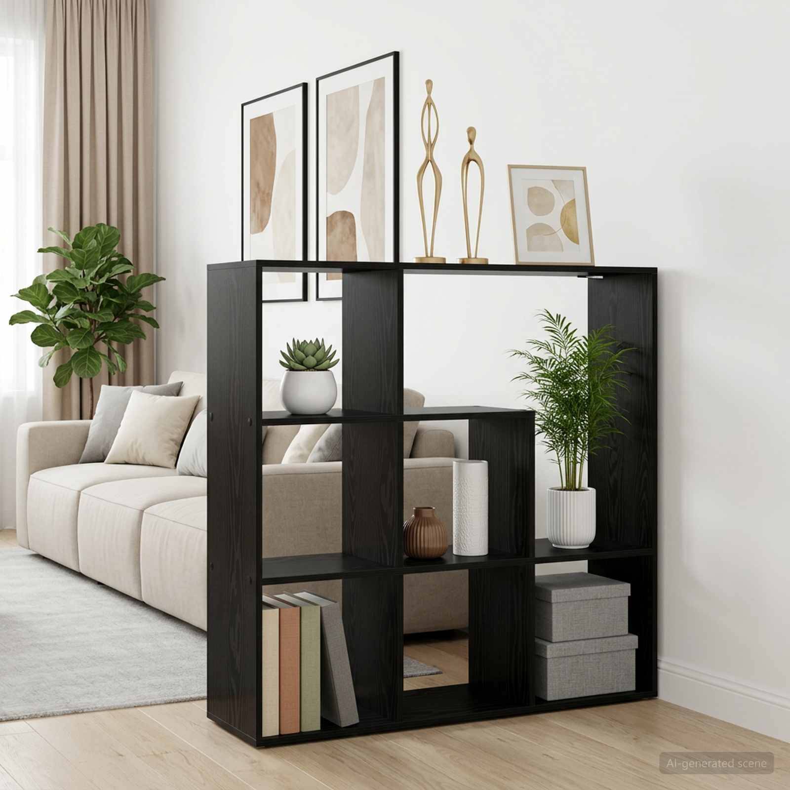 Schwarzes offenes Würfel-Regalraumteiler mit Büchern, Pflanzen, Aufbewahrungsboxen und Deko, der ein beiges Sofa vom Raum trennt.