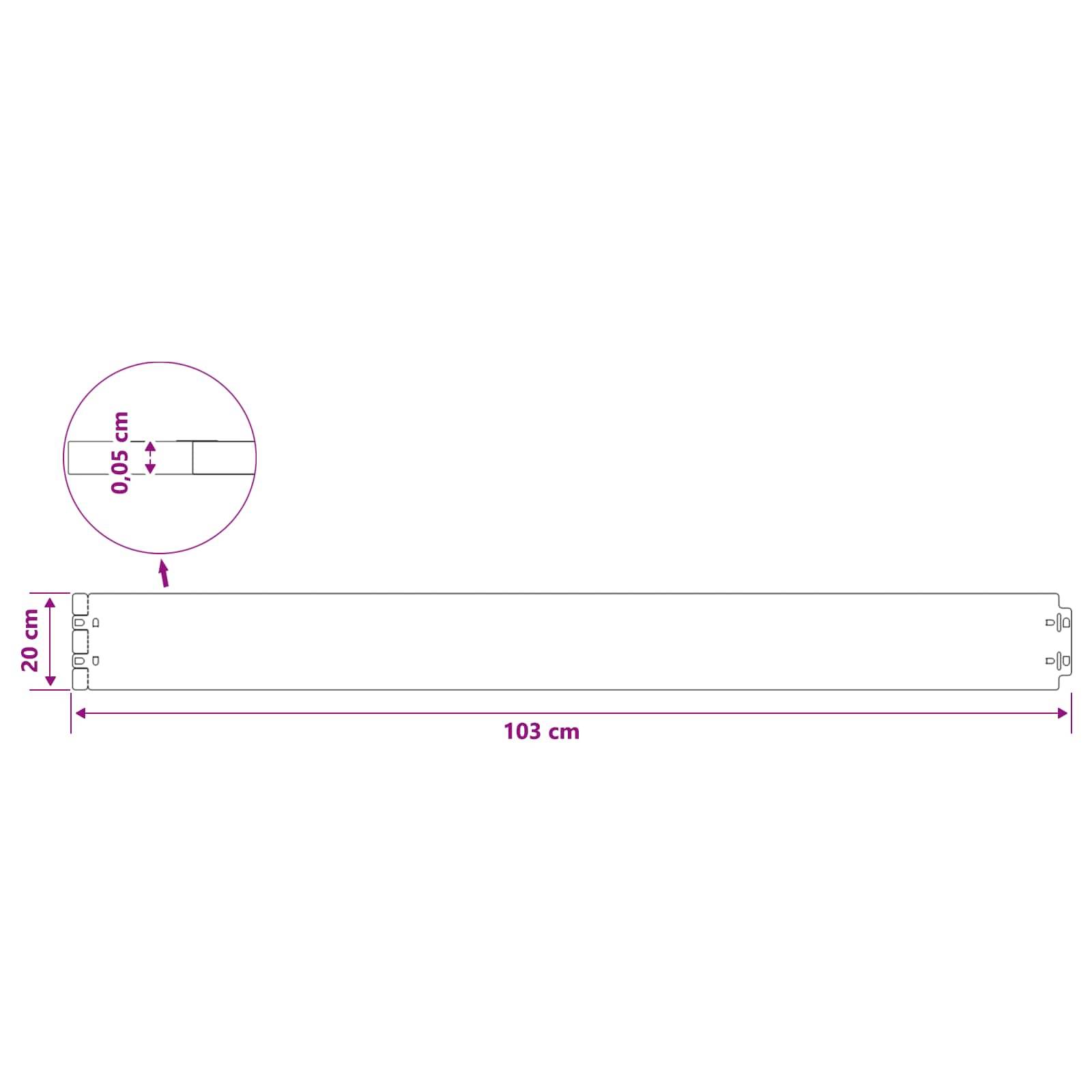 Diagramm eines langen rechteckigen Streifens, 103 cm breit und 20 cm hoch, mit einer vergrößerten Detailansicht, die eine Dicke oder einen Spalt von 0,05 cm zeigt.