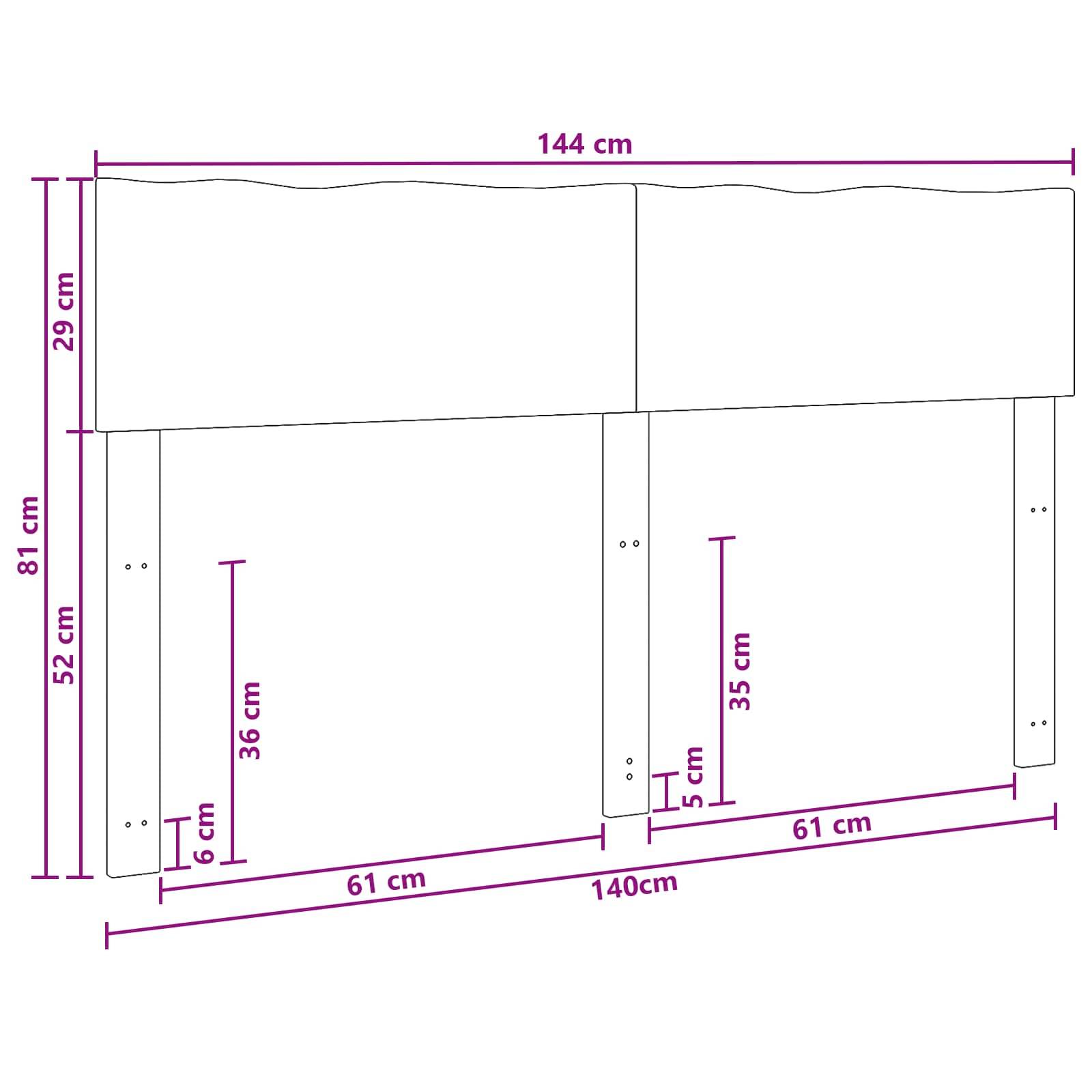 Dimensioniertes Diagramm eines weißen zweitürigen Schrank-/Schreibtischrahmens: 144 cm breit, 81 cm hoch, 52 cm Beine, 29 cm oberer Bereich, mit 61 cm unteren Fächern