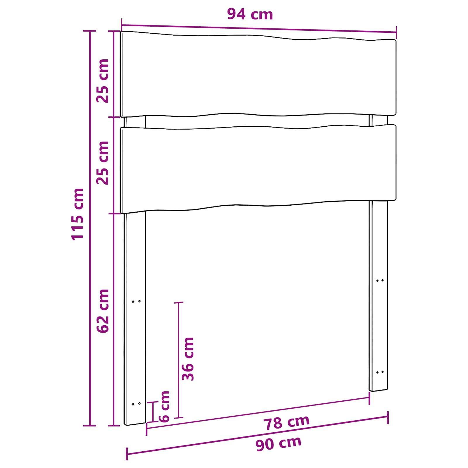 Maßstabgerechte Strichzeichnung eines Stuhls oder einer Bank: 94 cm breit, 115 cm Gesamthöhe, mit 90 cm Bodenbreite, 78 cm Innenbreite und 25 cm, 25 cm, 62 cm, 36 cm und 6 cm Maßen markiert.