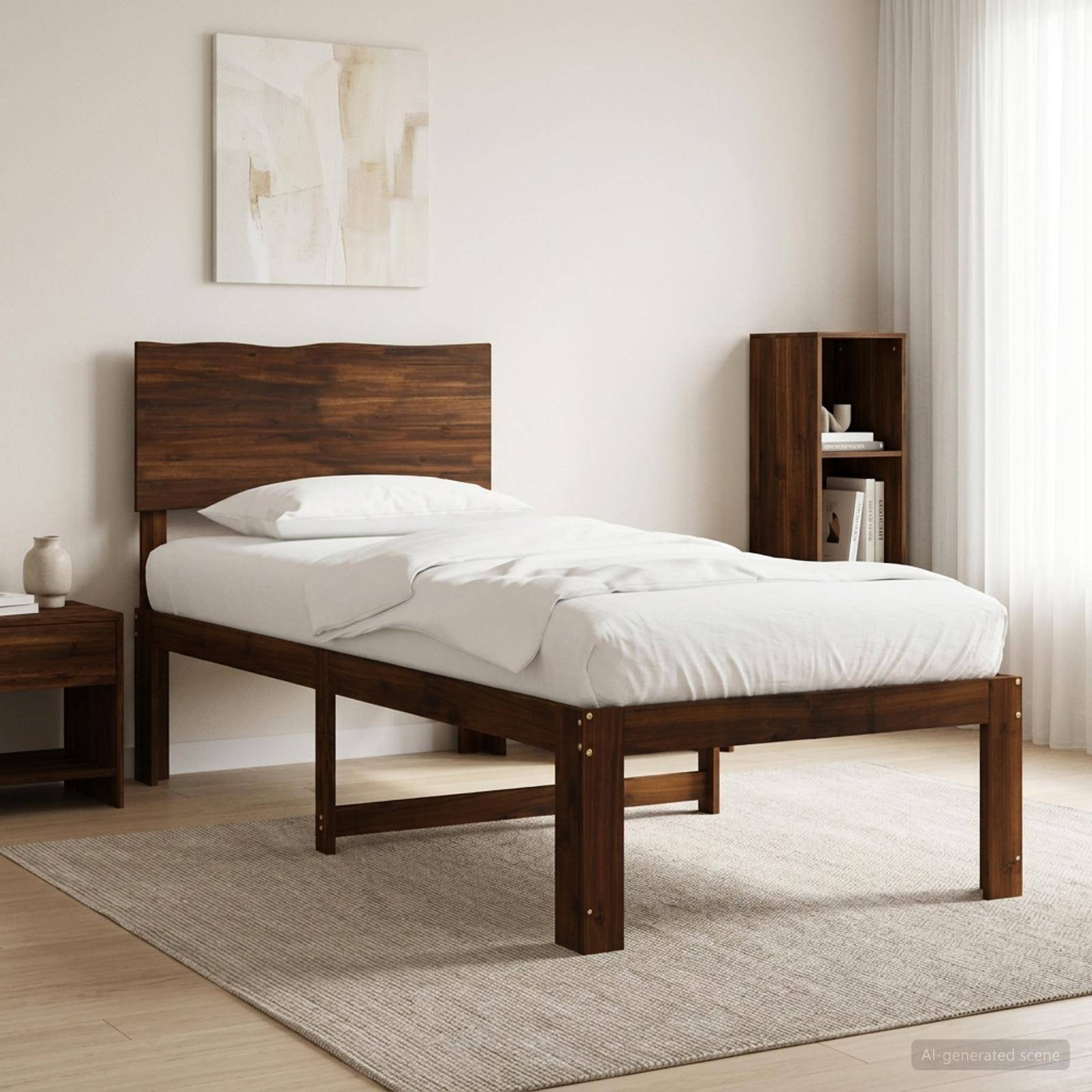 Minimalistisches Schlafzimmer mit einem Holzbett, das mit weißer Bettwäsche bezogen ist, flankiert von einem Nachttisch und einem Regalsystem auf einem hellen Teppich.