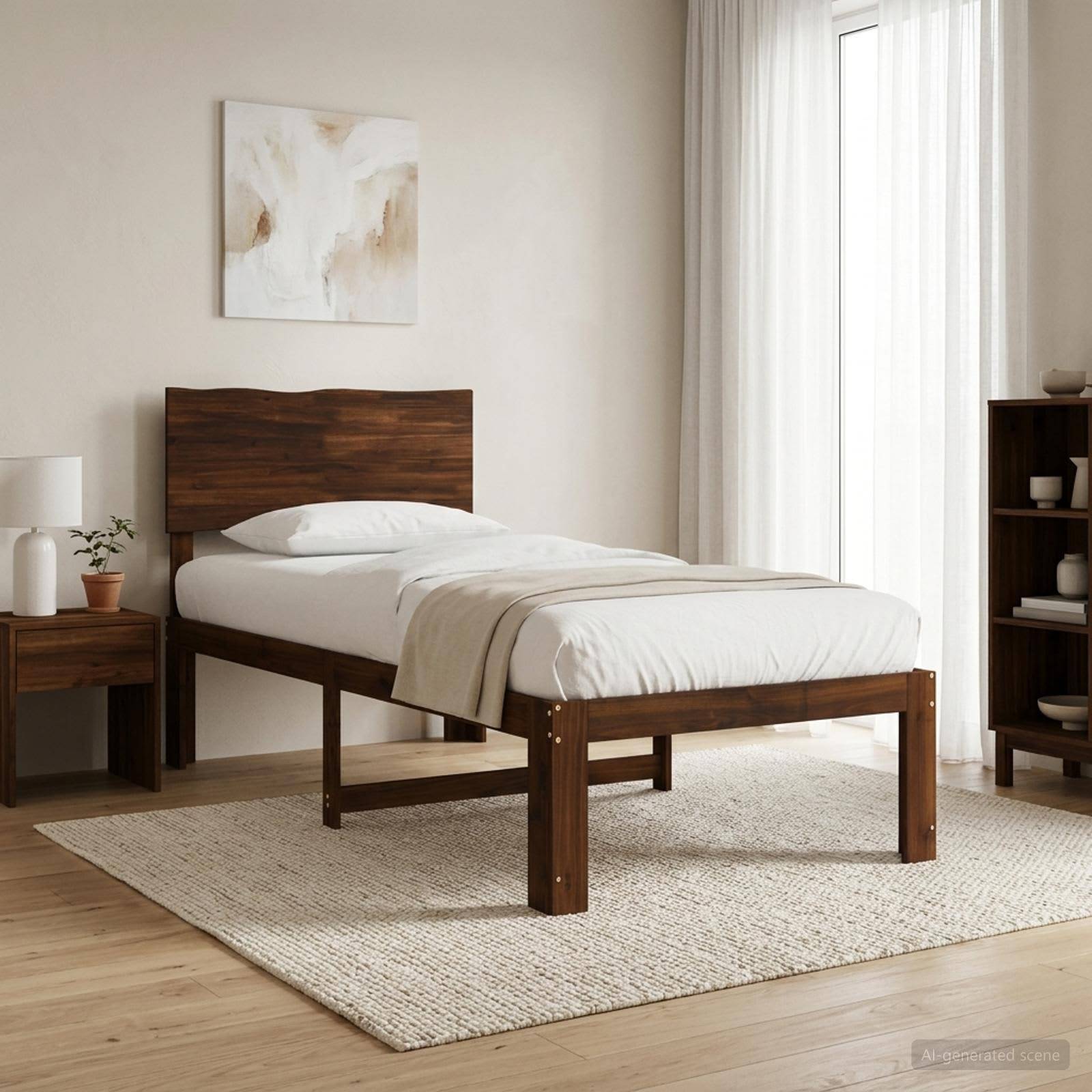 Ein minimalistisches Schlafzimmer mit einem Einzelbett, einem hölzernen Nachttisch, einem Regalsystem und weichem Naturlicht, das durch transparente Vorhänge scheint.