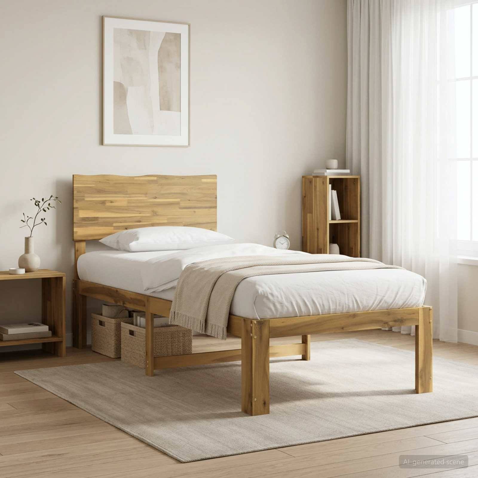 Ein minimalistisches Schlafzimmer mit einem Holzbett, weißer Bettwäsche, neutralem Teppich, Nachttischen, Wandkunst und transparenten Vorhängen neben einem hellen Fenster.