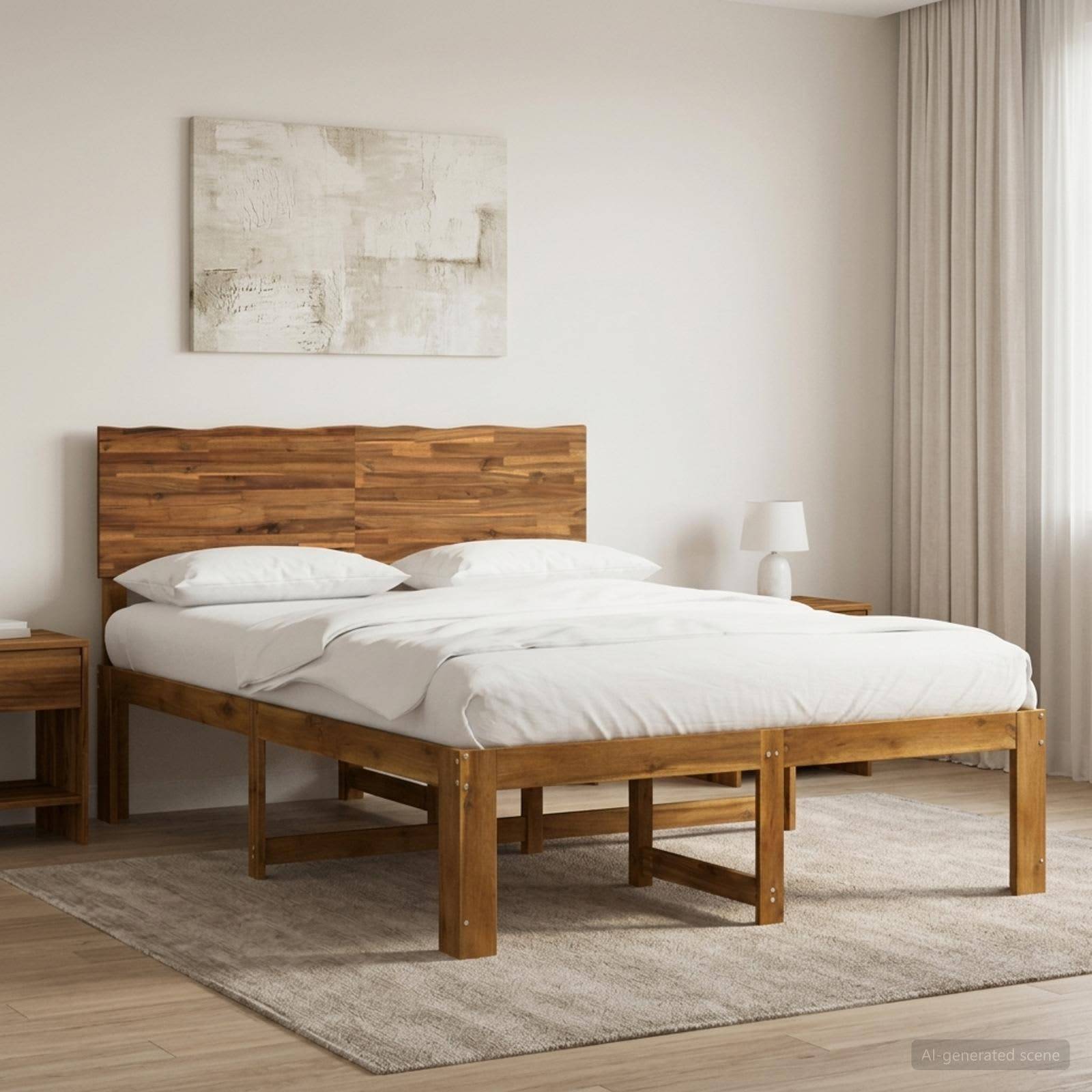 Ein ordentlich gemachtes Bett mit Holzrahmen und Kopfteil in einem minimalistischen Schlafzimmer mit Nachttischen, Lampe, Teppich, Vorhängen und Wandkunst.