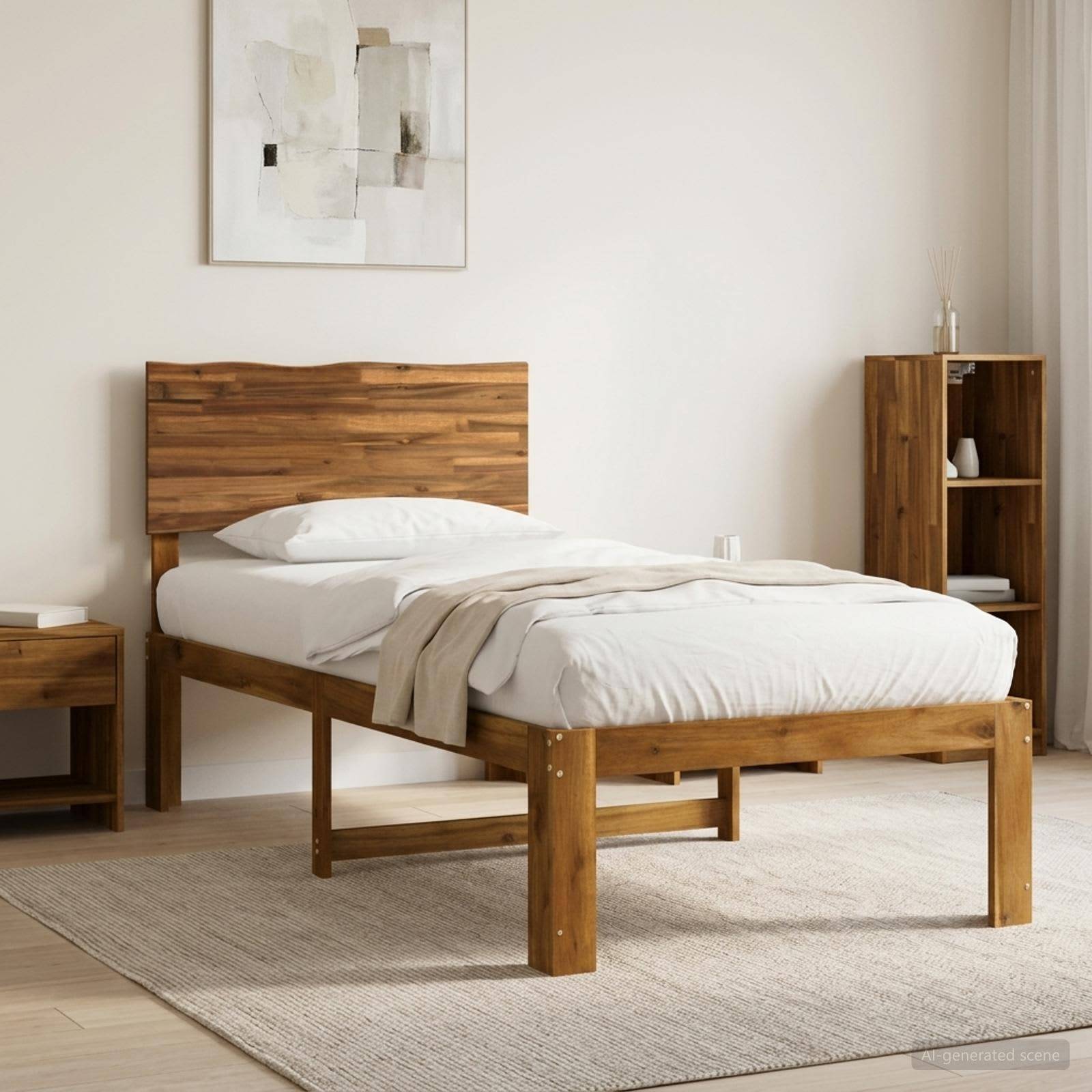 Holzbett mit weißer Bettwäsche in einem minimalistischen Schlafzimmer, mit passendem Nachttisch und Schrank, gerahmter abstrakter Wandkunst und hellem Teppich.