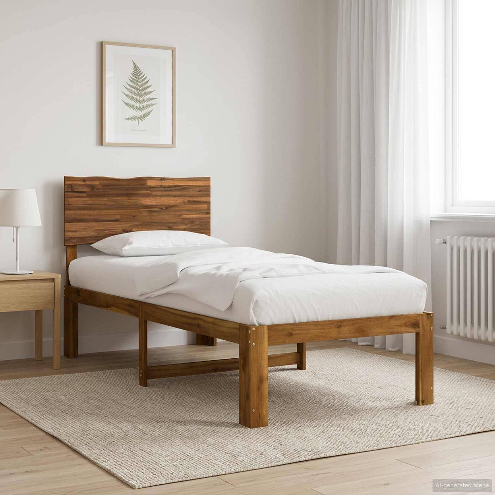 Minimalistisches Schlafzimmer mit einem einzelnen Holzbett, bezogen mit weißer Bettwäsche, neben einem Nachttisch und einer Lampe, mit einem gerahmten Blattdruck und hellem Fenster.