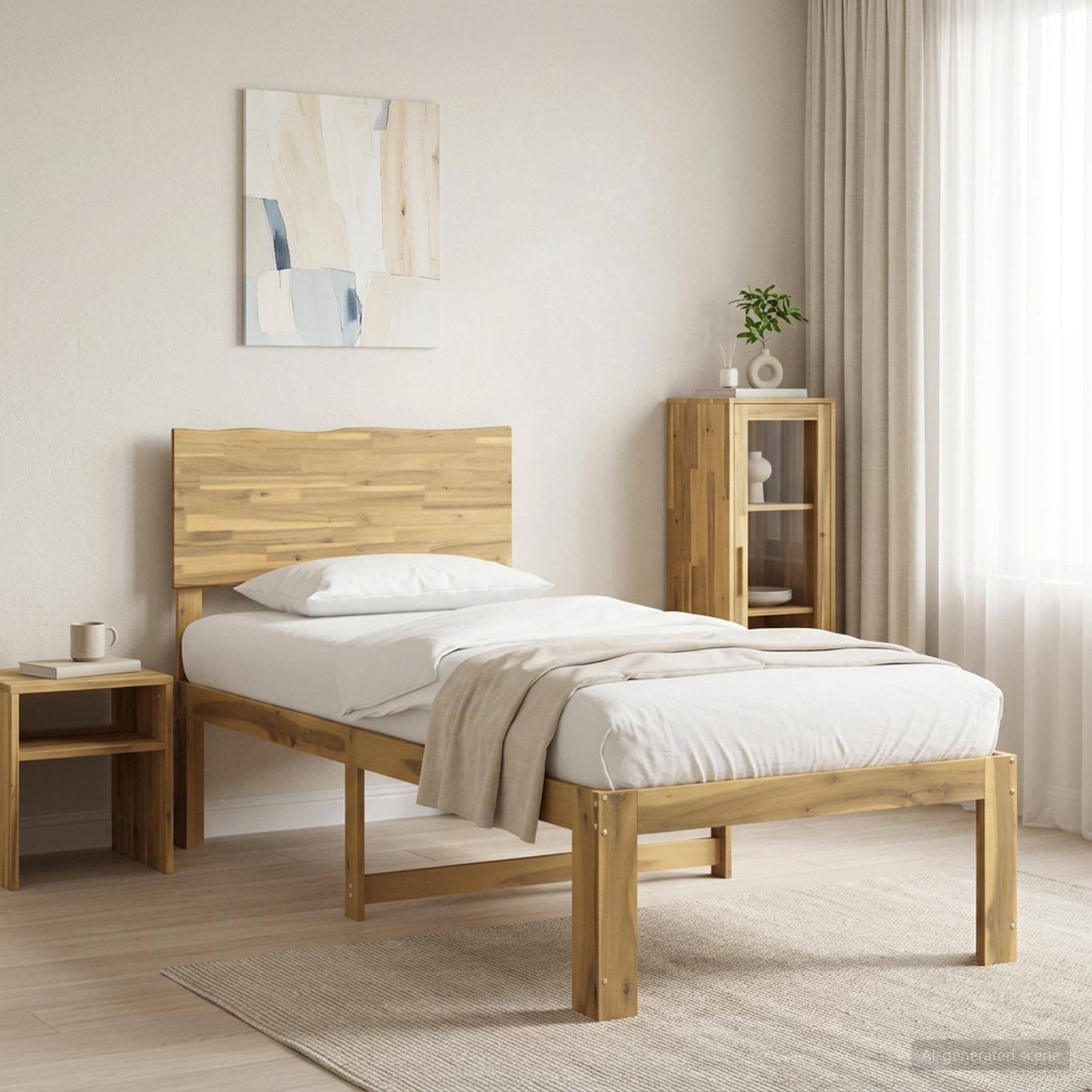 Minimalistisches Schlafzimmer mit einem einzelnen Holzbett, weißer Bettwäsche, Nachttischen, Wandkunst und weichen Vorhängen an einem hellen Fenster.