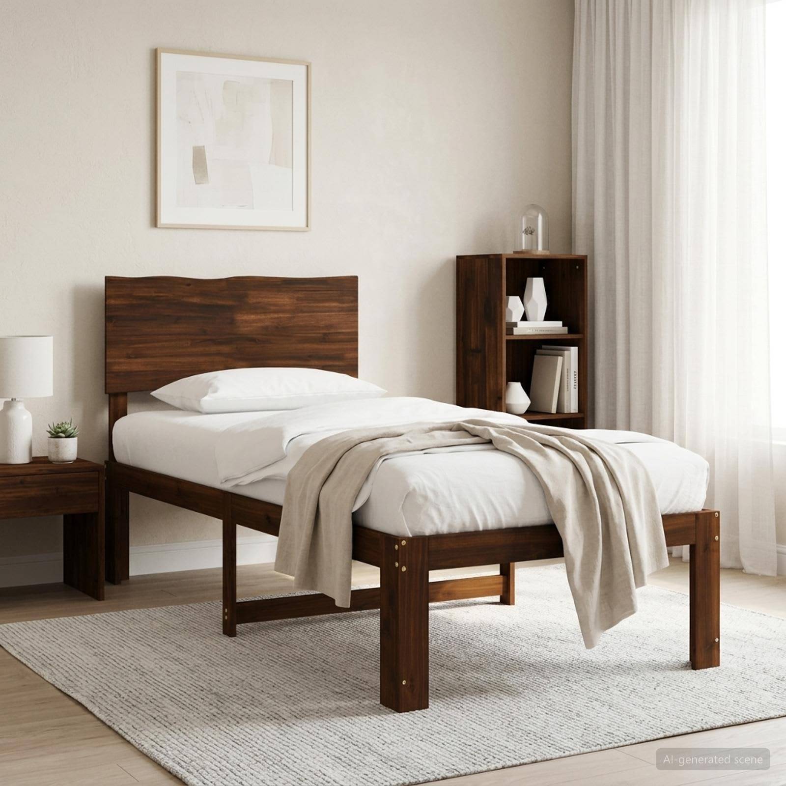Minimales Schlafzimmer mit einem Holzbett, weißer Bettwäsche, beigem Plaid, Nachttisch, Regaleinheit und transparenten Vorhängen an einem hellen Fenster.