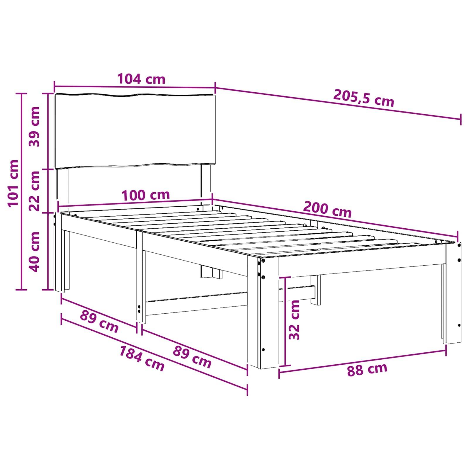 Annotiertes Bettrahmenschema mit Abmessungen in cm: 205,5 cm Gesamtlänge, 104 cm Kopfteile-Breite, 101 cm Gesamthöhe, 40 cm Fußteil-Höhe, 88 cm Breite und 200 cm Matratzenbereichslänge.