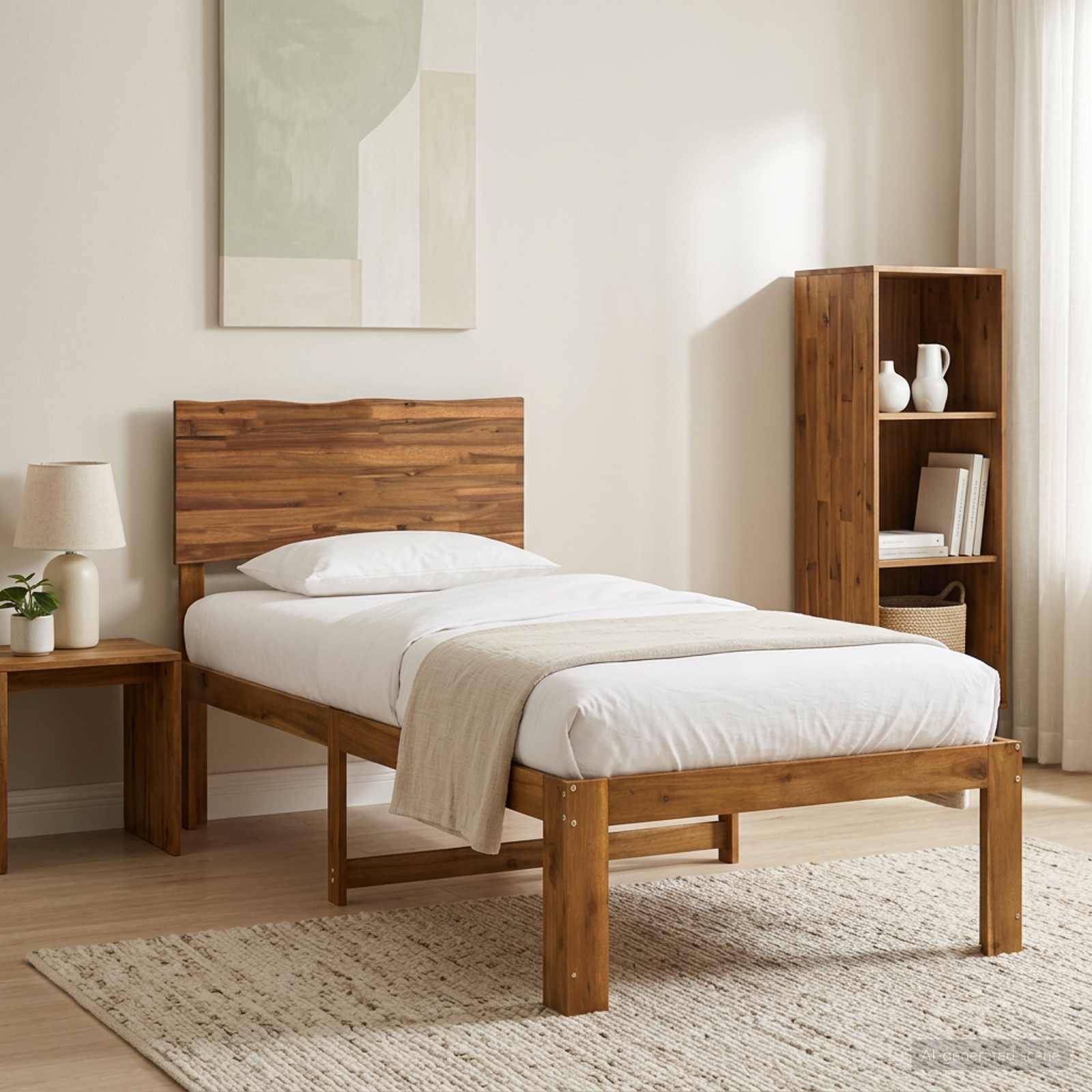 Minimalistisches Schlafzimmer mit einem hölzernen Einzelbett, bezogen mit weißer Bettwäsche, einem Nachttisch und einer Lampe sowie einem kleinen Regal neben einem Fenster mit Vorhang.
