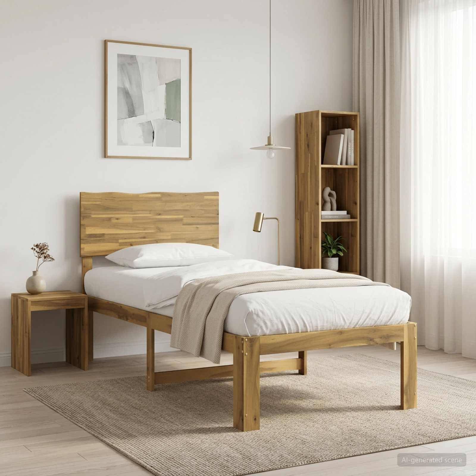 Minimalistisches Schlafzimmer mit Holzbett, weißer Bettwäsche, Nachttisch, Bücherregal, Teppich und durchsichtigen Gardinen in einem hellen, neutralen Raum.