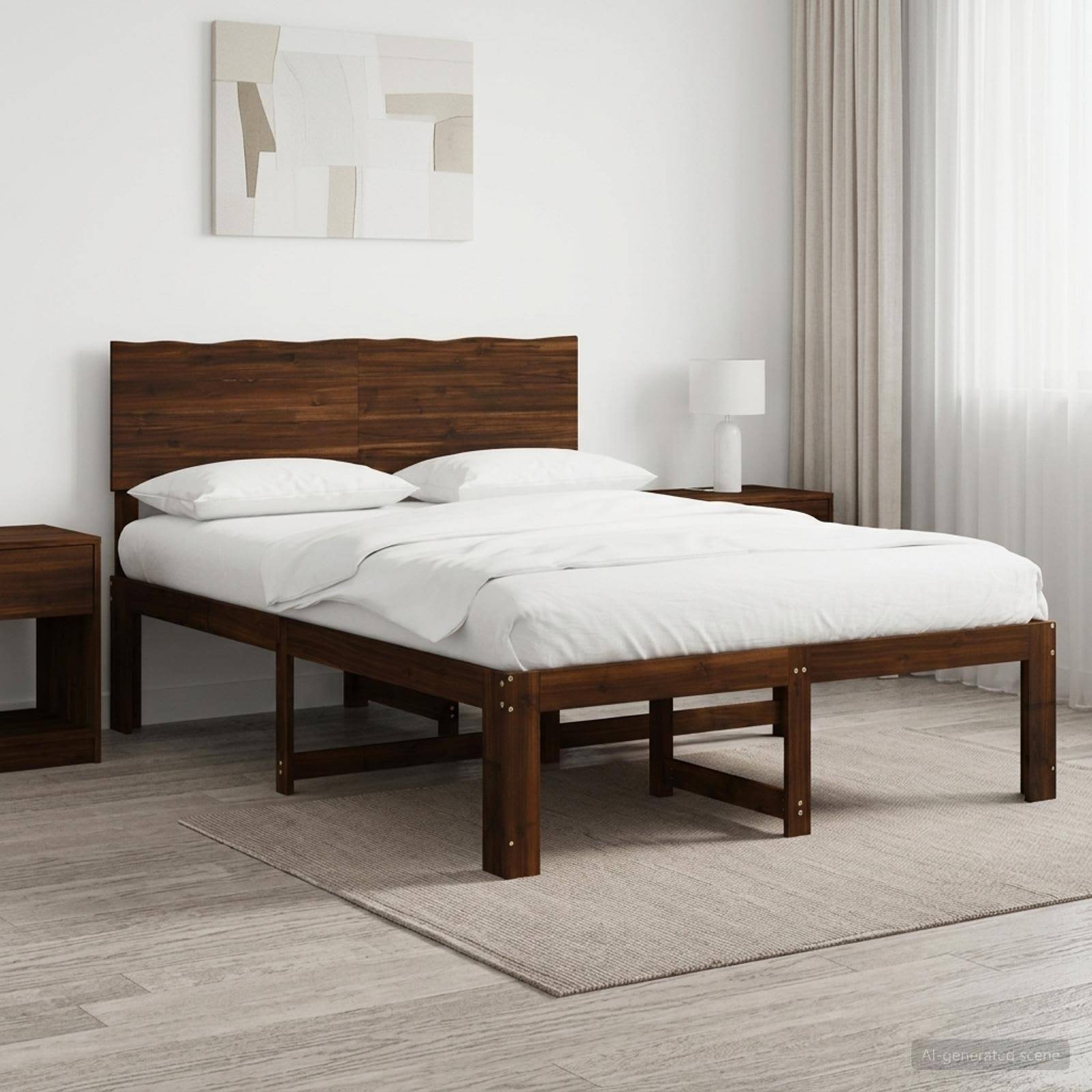 Minimales Schlafzimmer mit einem Holzbettgestell, weißer Bettwäsche und Kissen, einem Nachttisch und einer Lampe neben einem Fenster mit Vorhängen.