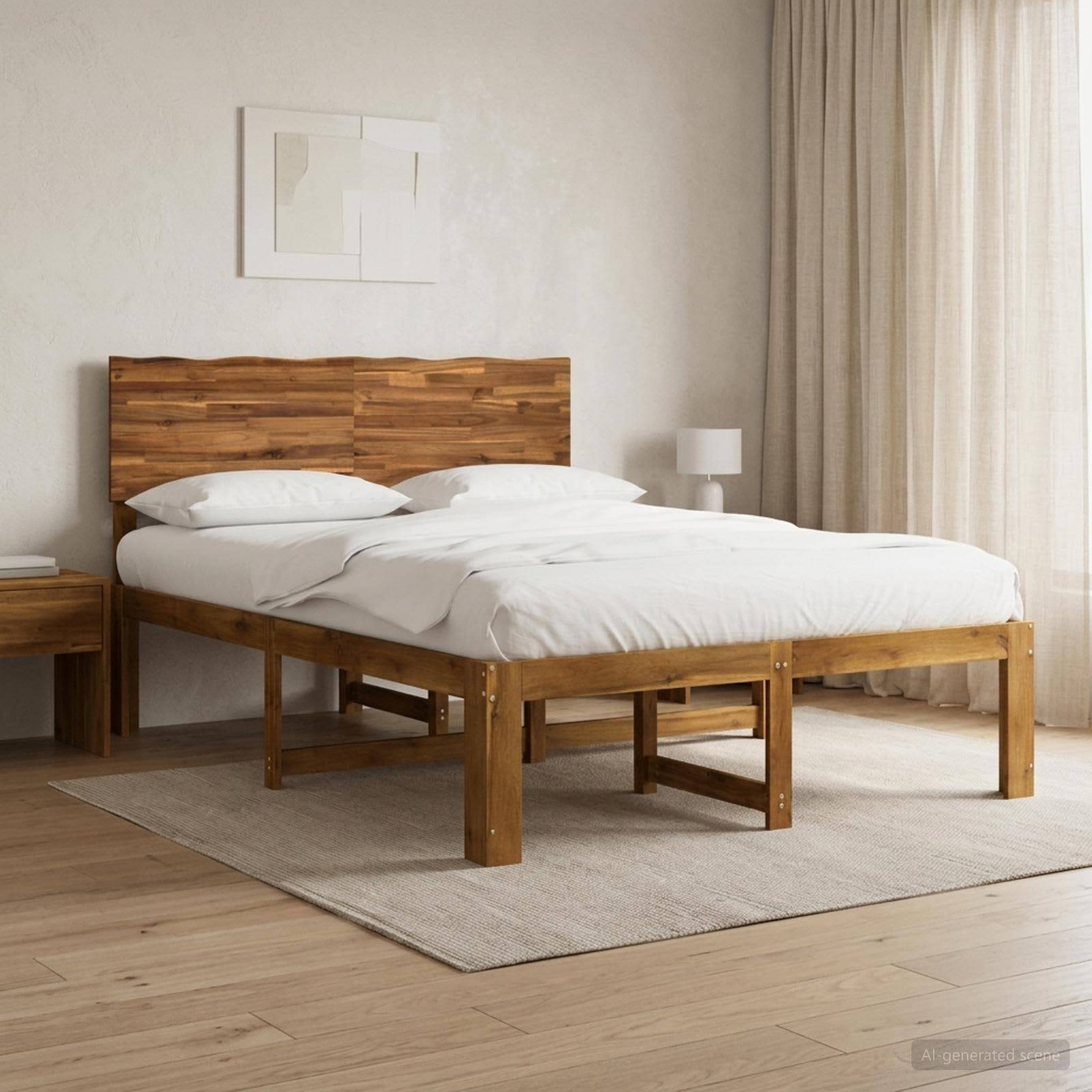 Minimalistisches Schlafzimmer mit einem Holzbettgestell, weißer Bettwäsche, Nachttischen und transparenten Vorhängen über einem hellen Teppich und Holzboden.