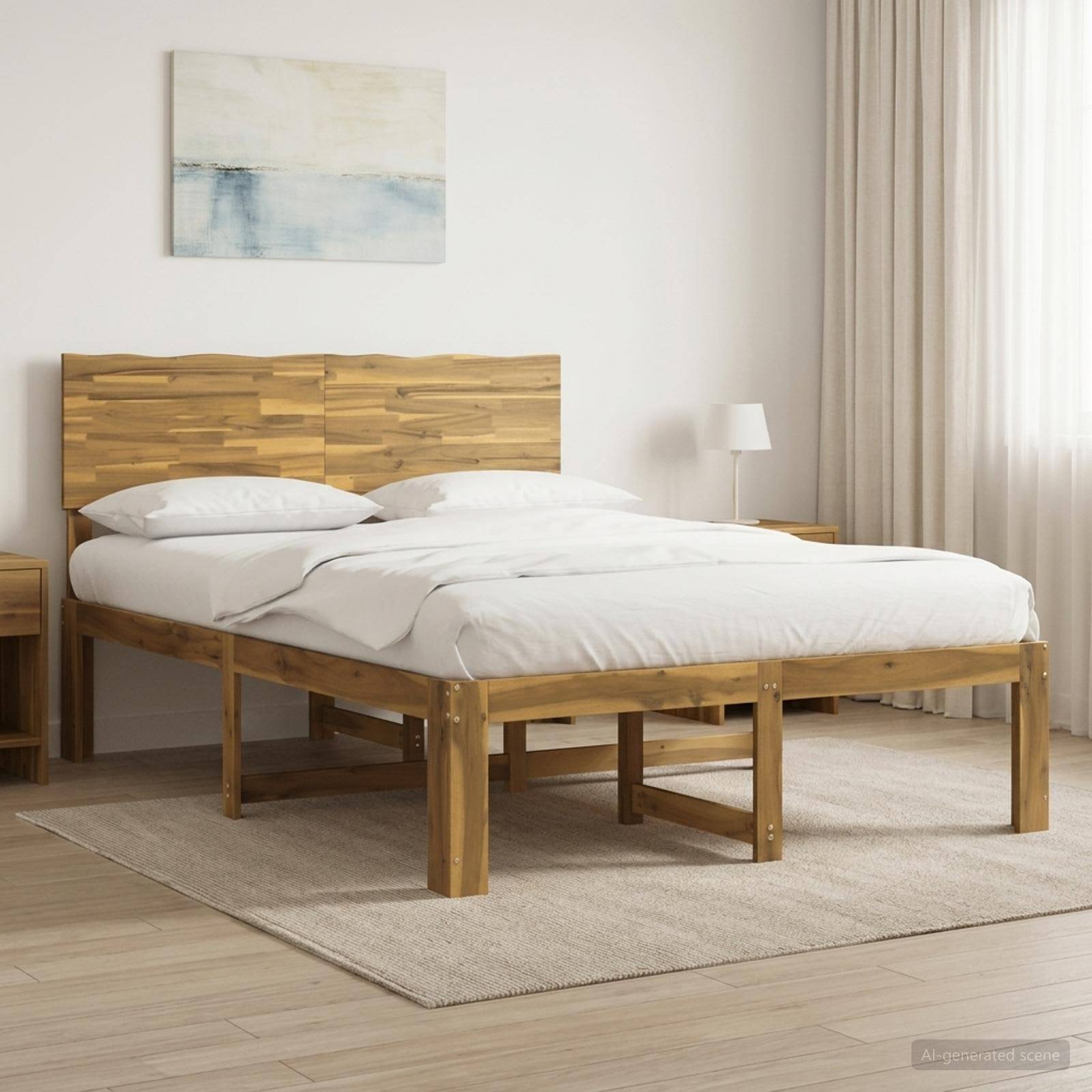 Holzbett mit weißer Bettwäsche in einem minimalistischen Schlafzimmer, neben einer kleinen Lampe, Fenster mit Vorhängen und abstrakter Wandkunst.