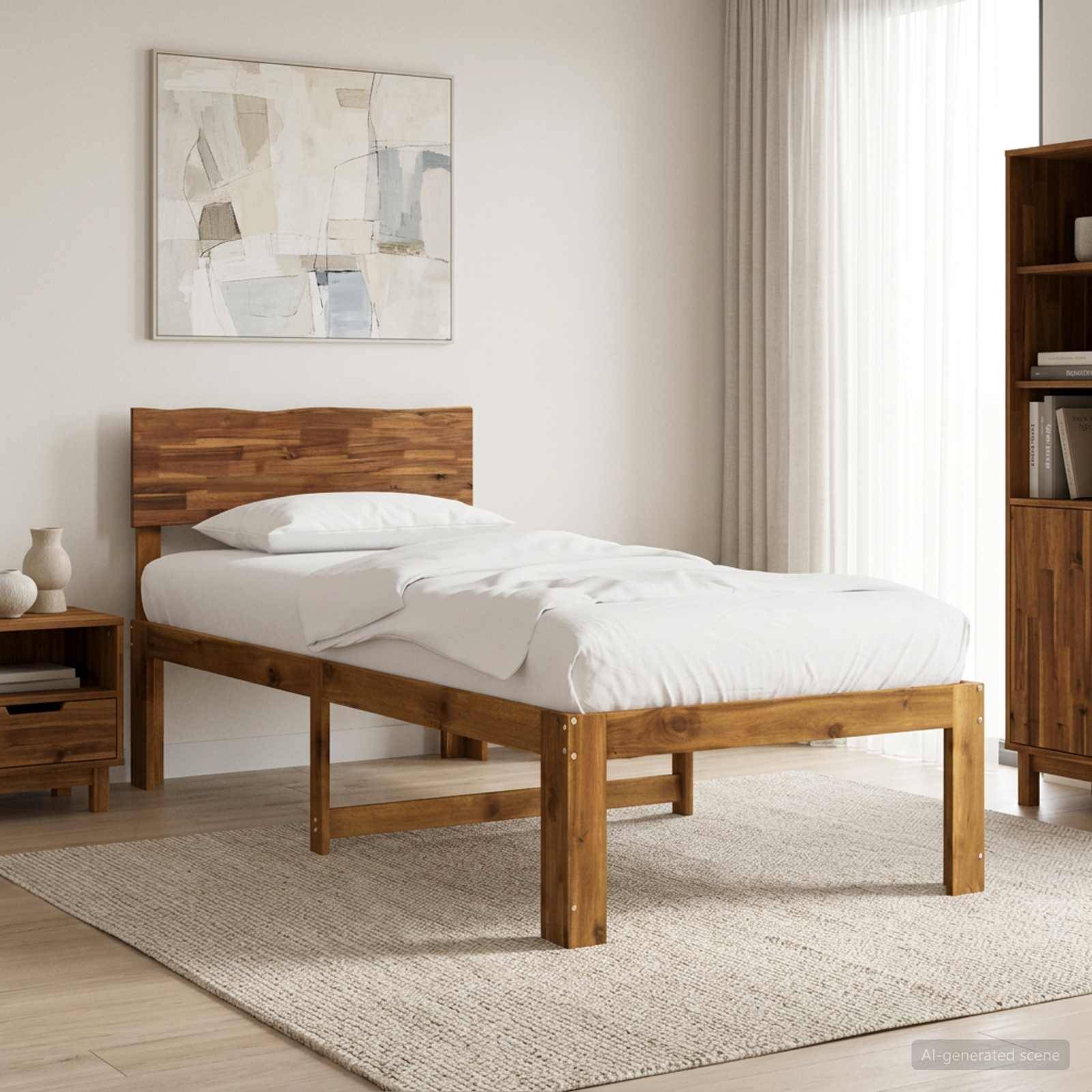 Minimalistisches Schlafzimmer mit einem Holzbett, weißer Bettwäsche, abstrakter Wandkunst, Teppich und weichem natürlichem Licht von einem Fenster.