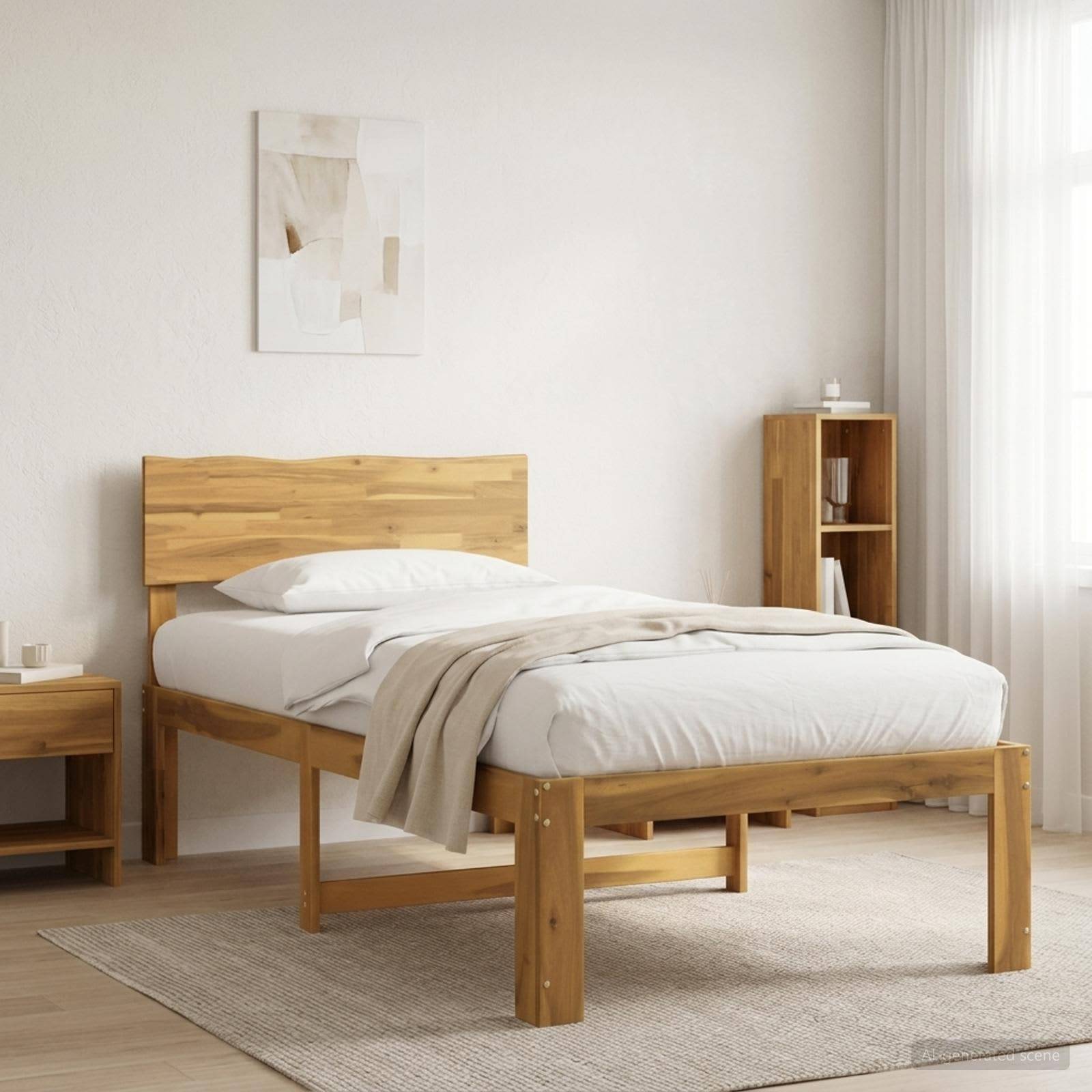 Minimales Schlafzimmer mit einem Holzbett, weißer Bettwäsche, beigem Überwurf, Nachttisch, kleinem Regal und durchsichtigen Vorhängen in weichem Naturlicht.