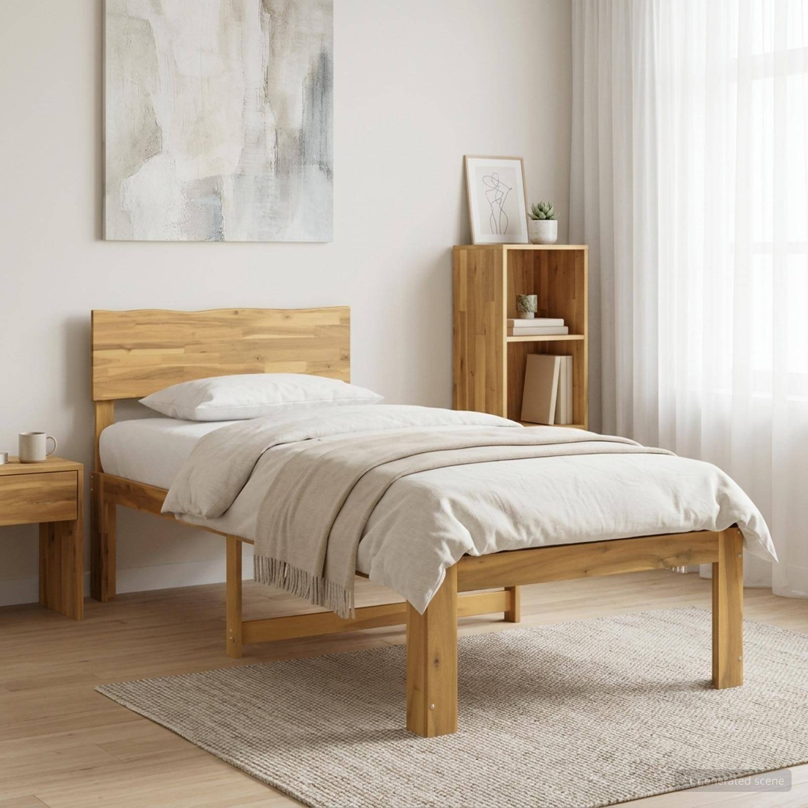 Minimalistisches Schlafzimmer mit einem Holzbett, bezogen mit weiß-beigefarbener Bettwäsche, daneben ein kleiner Nachttisch und ein Regal neben einem hellen Fenster.