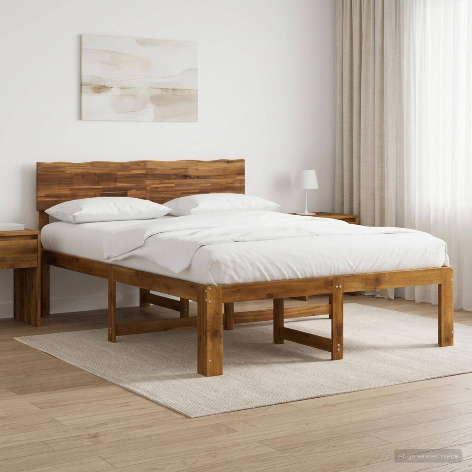 Ein minimalistisches Schlafzimmer mit einem Holzbettgestell, weißer Bettwäsche, Nachttischen, einer Lampe, Wandkunst und leichten Vorhängen.
