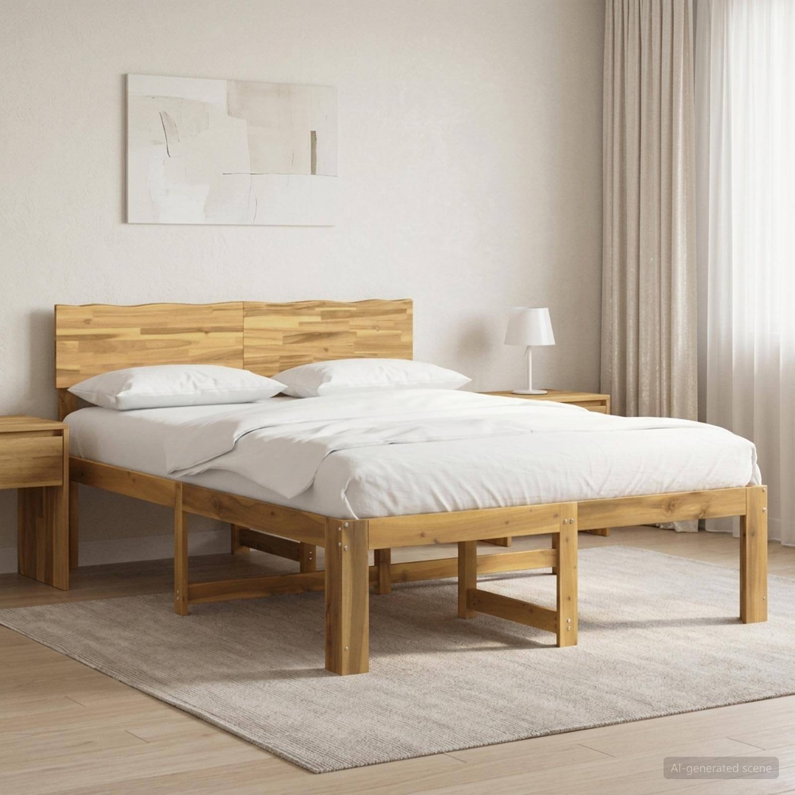Minimalistisches Schlafzimmer mit einem Holzbett, weißer Bettwäsche, Nachttischen, Lampe, Teppich und Vorhängen in einem hellen, neutralen Raum.
