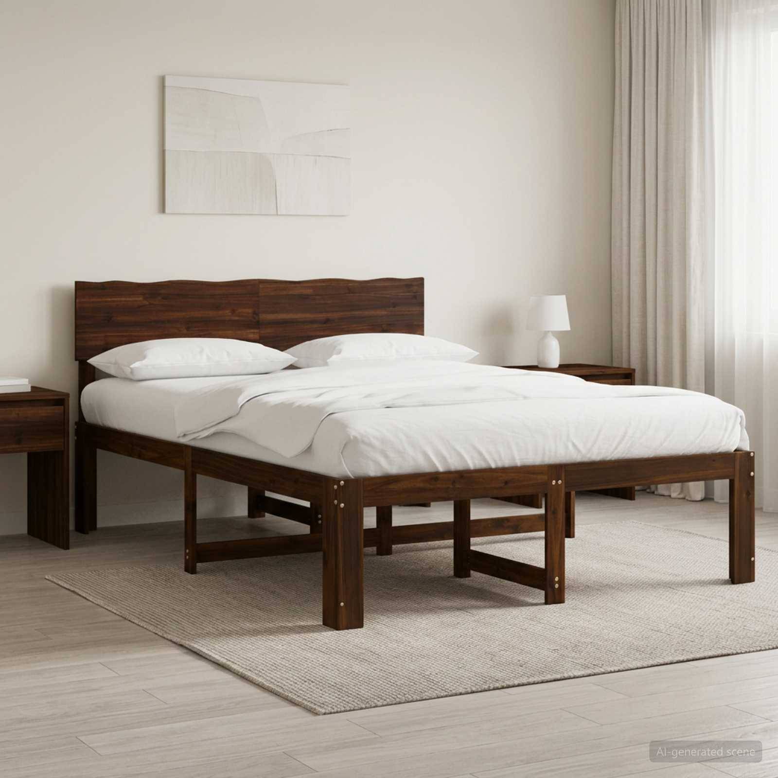 Minimalistisches Schlafzimmer mit dunklem Holzbettrahmen, weißer Bettwäsche, Nachttischen, Lampe, Teppich und durchscheinenden Vorhängen.