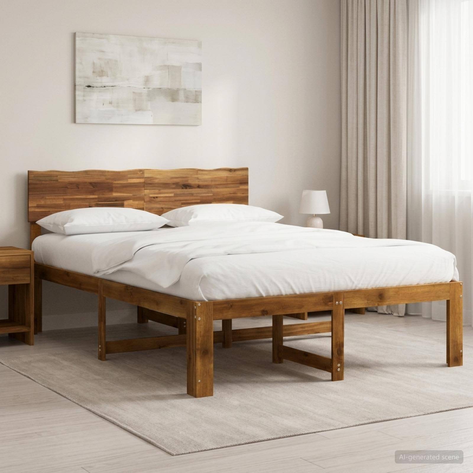 Minimalistisches Schlafzimmer mit einem Holzbett, weißer Bettwäsche, einer Nachttischlampe, abstrakter Wandkunst und bodenlangen Vorhängen.